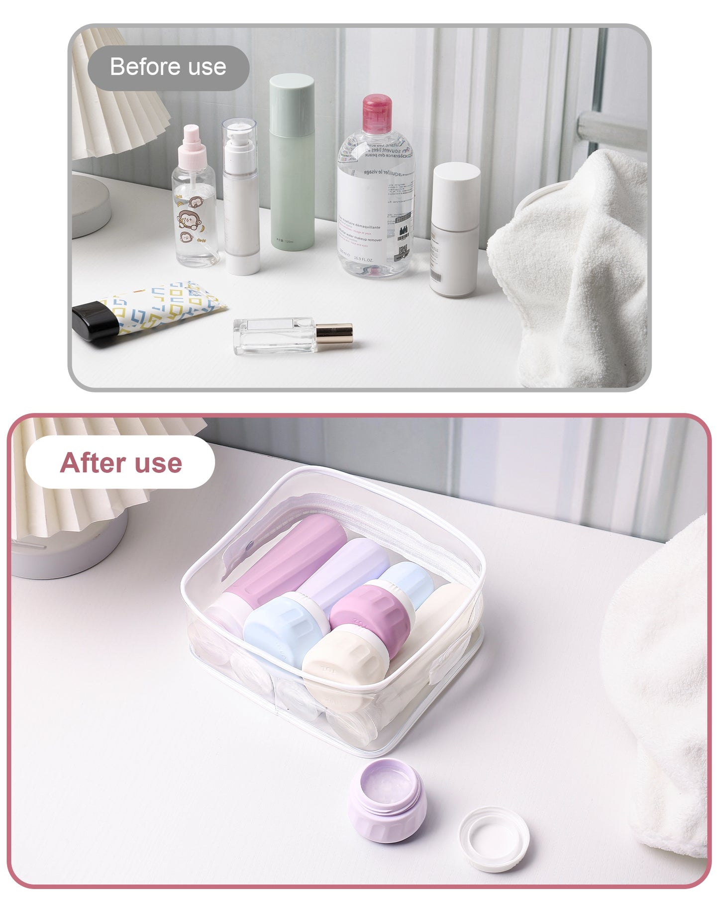Mrsdry Travel Bottles for Toiletries 8 Pack, Travel Size Toiletries, Tsa Approved Travel Size Containers 3oz, with Travel Essentials Clear Bag, Leak Proof Silicone Squeezable Creams Jars
