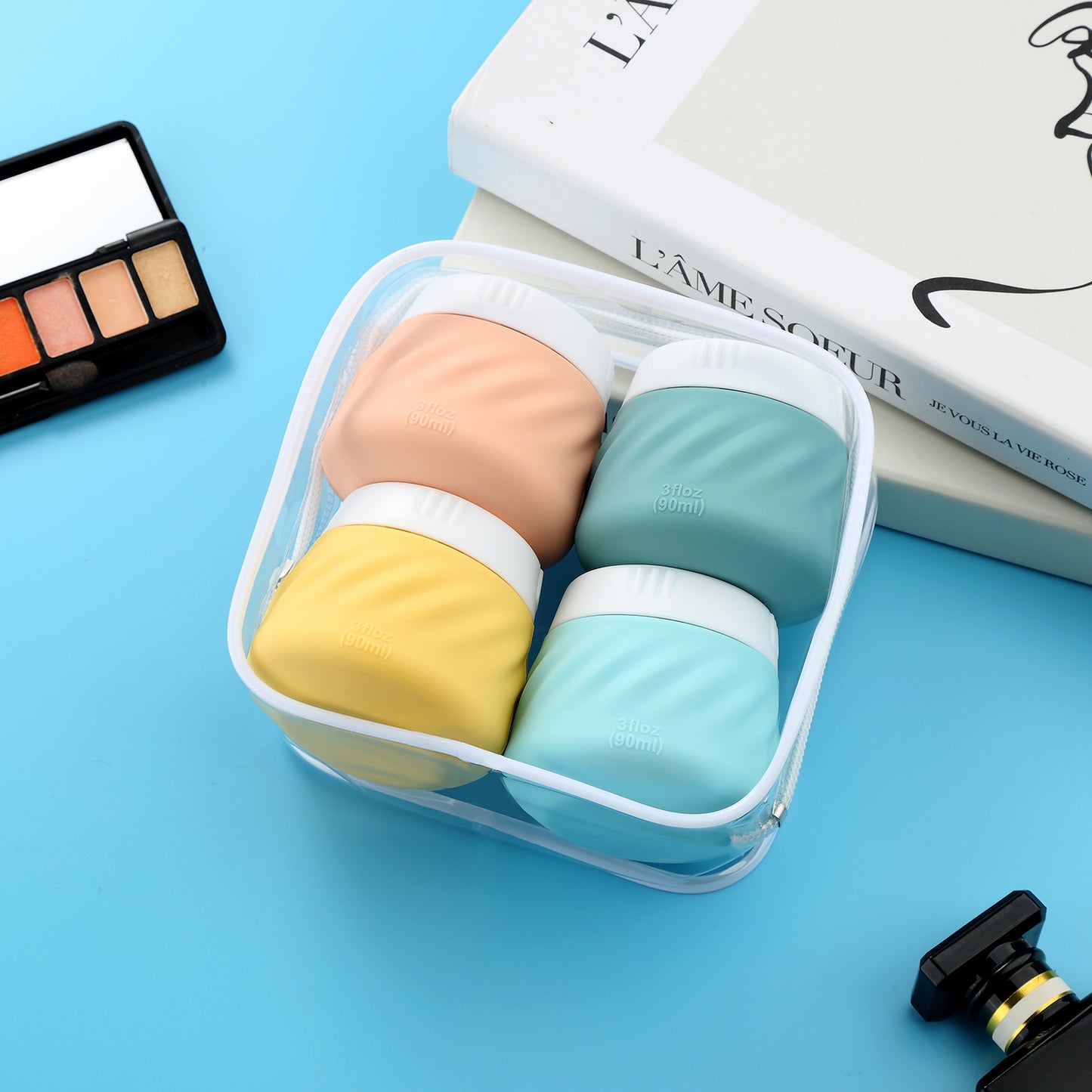 Mrsdry Travel Containers for Toiletries, Silicone Cream Jars TSA Approved Travel Size Containers with Clear Bag, Leak-proof Travel Accessories with Lid for Cosmetic Face Body Hand Cream (4 Pack)