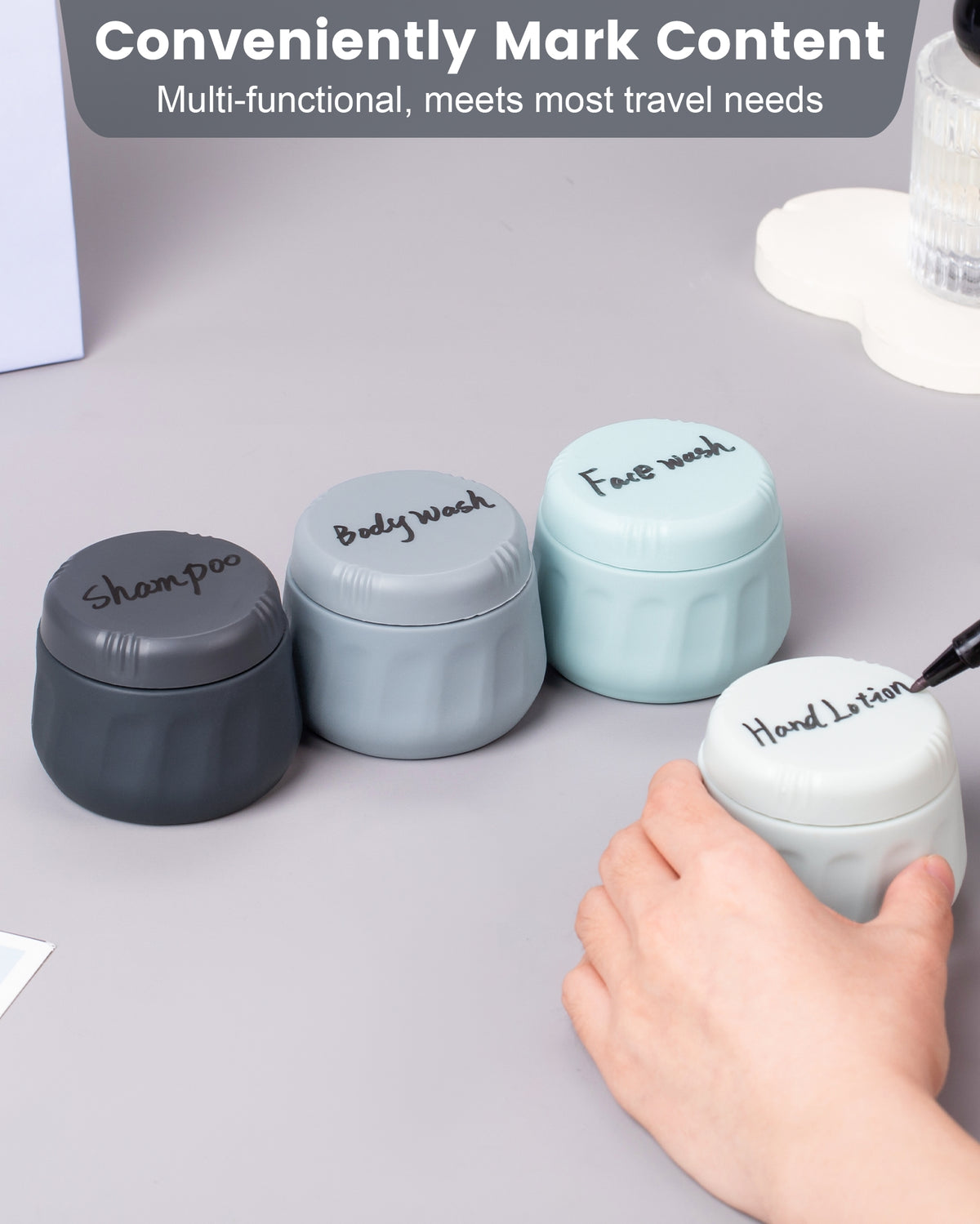 Mrsdry Travel Containers for Toiletries, TSA Approved Travel Size Toiletries 4 Pack, Refillable Containers, with Clear Bag, Leak Proof Silicone Jars, Essentials Creams Jars Carrying Small Items