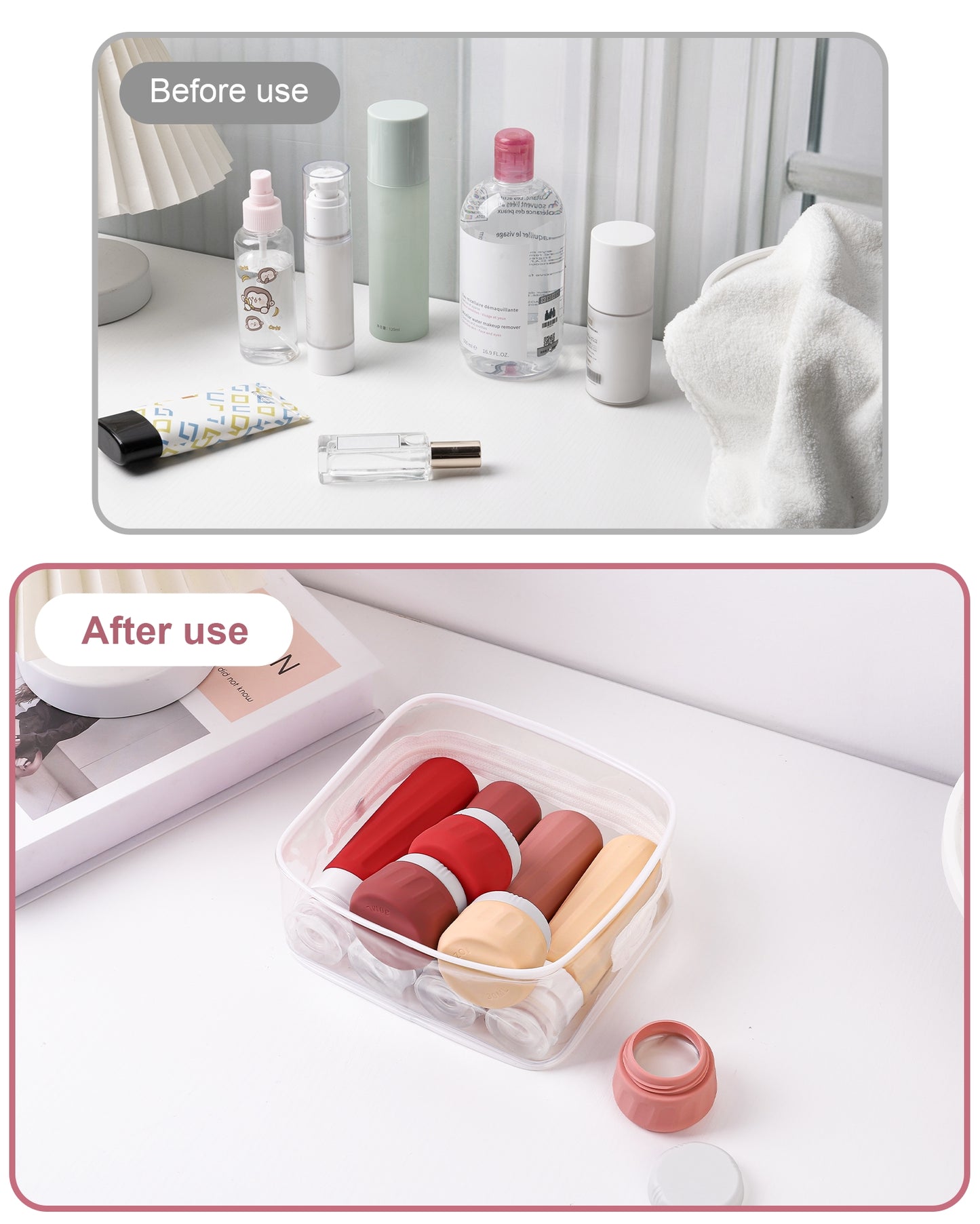 Mrsdry Travel Bottles for Toiletries 8 Pack, Travel Size Toiletries, Tsa Approved Travel Size Containers 3oz, with Travel Essentials Clear Bag, Leak Proof Silicone Squeezable Creams Jars