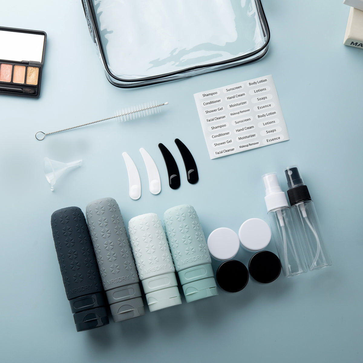 Mrsdry Travel Size Toiletries, TSA Approved Silicone Travel Containers for Toiletries, Leak Proof Refillable Liqus Shampoo And Conditioner travel Essentials toiletry Bottles (18 Pack)