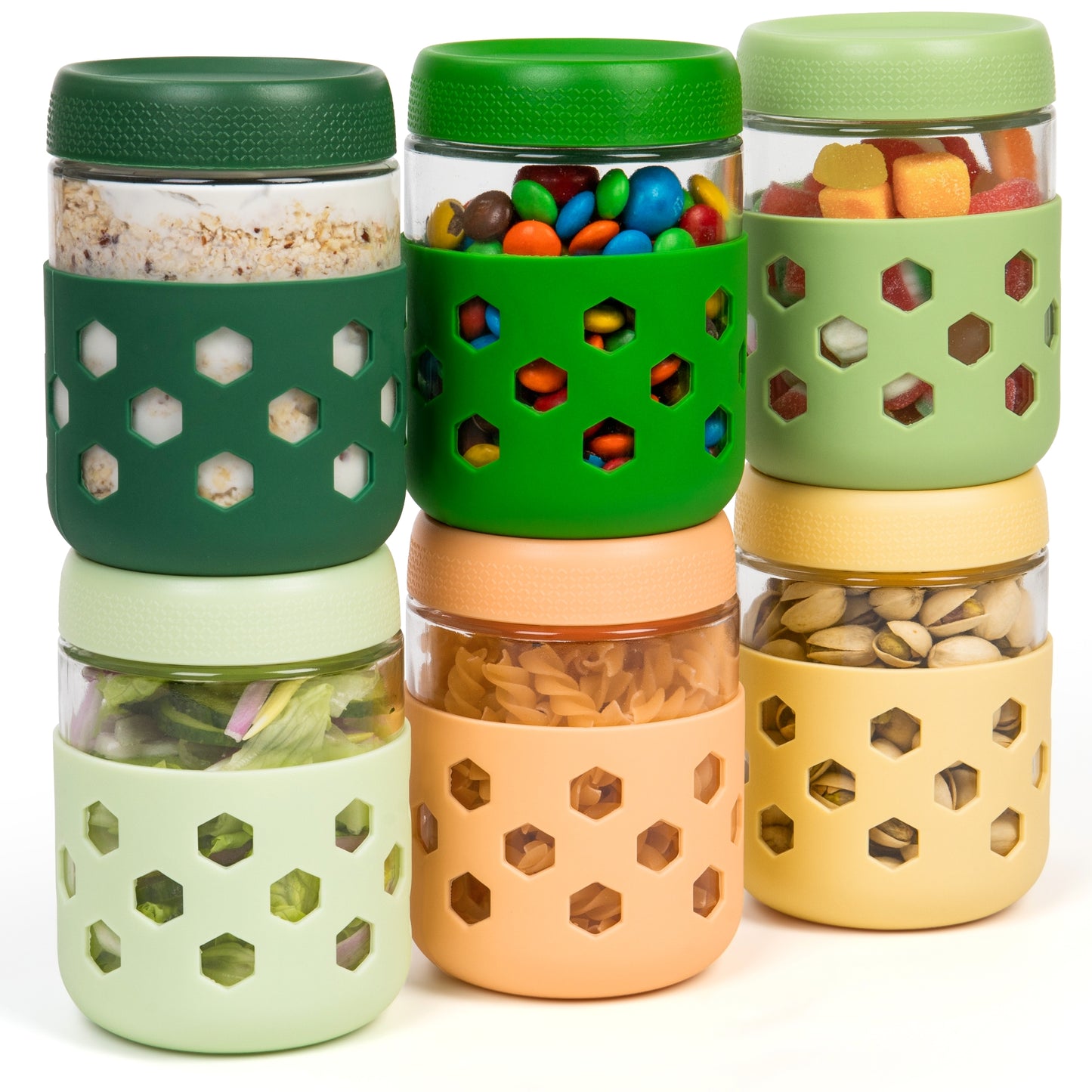 Mrsdry 6-Pack 16 oz Glass Mason Jars with Silicone Sleeves, Airtight BPA-Free Overnight Oats Containers with Lids, Dishwasher Safe Leak-Proof Meal Prep Jars for Chia Pudding, Yogurt, Snacks