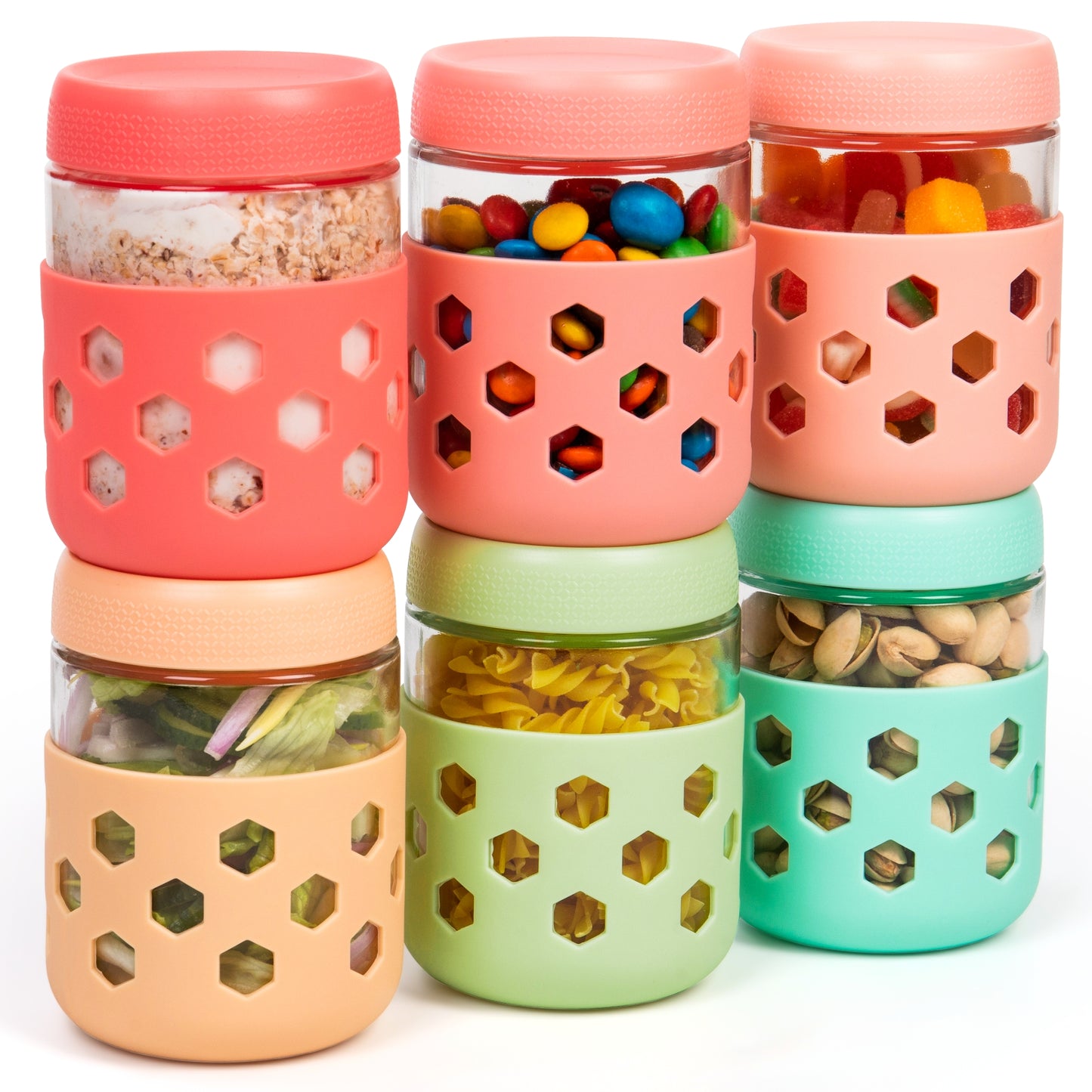 Mrsdry 6-Pack 16 oz Glass Mason Jars with Silicone Sleeves, Airtight BPA-Free Overnight Oats Containers with Lids, Dishwasher Safe Leak-Proof Meal Prep Jars for Chia Pudding, Yogurt, Snacks