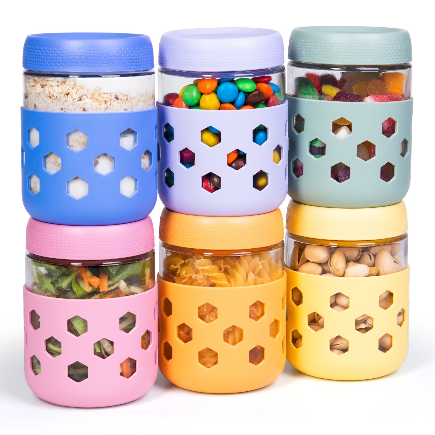 Mrsdry 6-Pack 16 oz Glass Mason Jars with Silicone Sleeves, Airtight BPA-Free Overnight Oats Containers with Lids, Dishwasher Safe Leak-Proof Meal Prep Jars for Chia Pudding, Yogurt, Snacks