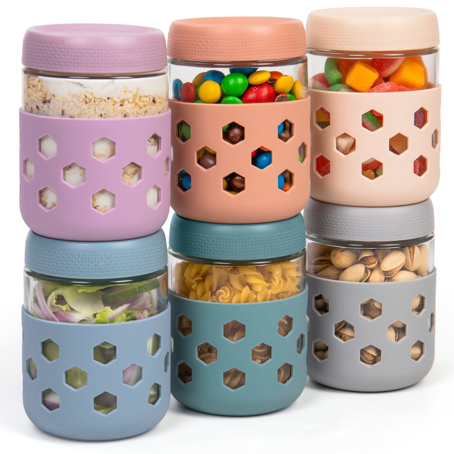 Mrsdry 6-Pack 16 oz Glass Mason Jars with Silicone Sleeves, Airtight BPA-Free Overnight Oats Containers with Lids, Dishwasher Safe Leak-Proof Meal Prep Jars for Chia Pudding, Yogurt, Snacks