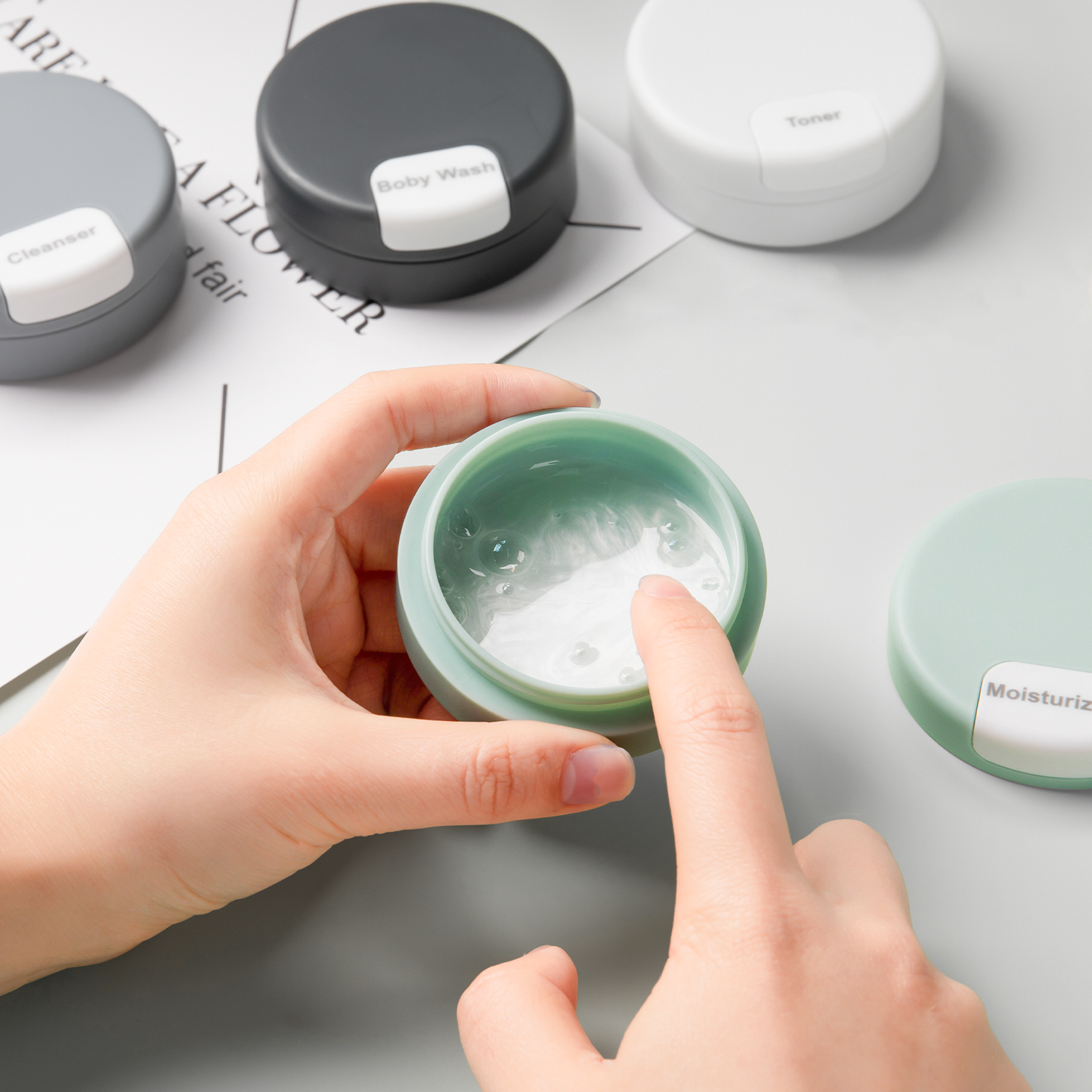 Mrsdry Travel Containers for Toiletries, Silicone Cream Jars TSA Approved Travel Size Containers with Clear Bag, Leak-proof Travel Accessories with Lid for Cosmetic Face Body Hand Cream (4 Pack)