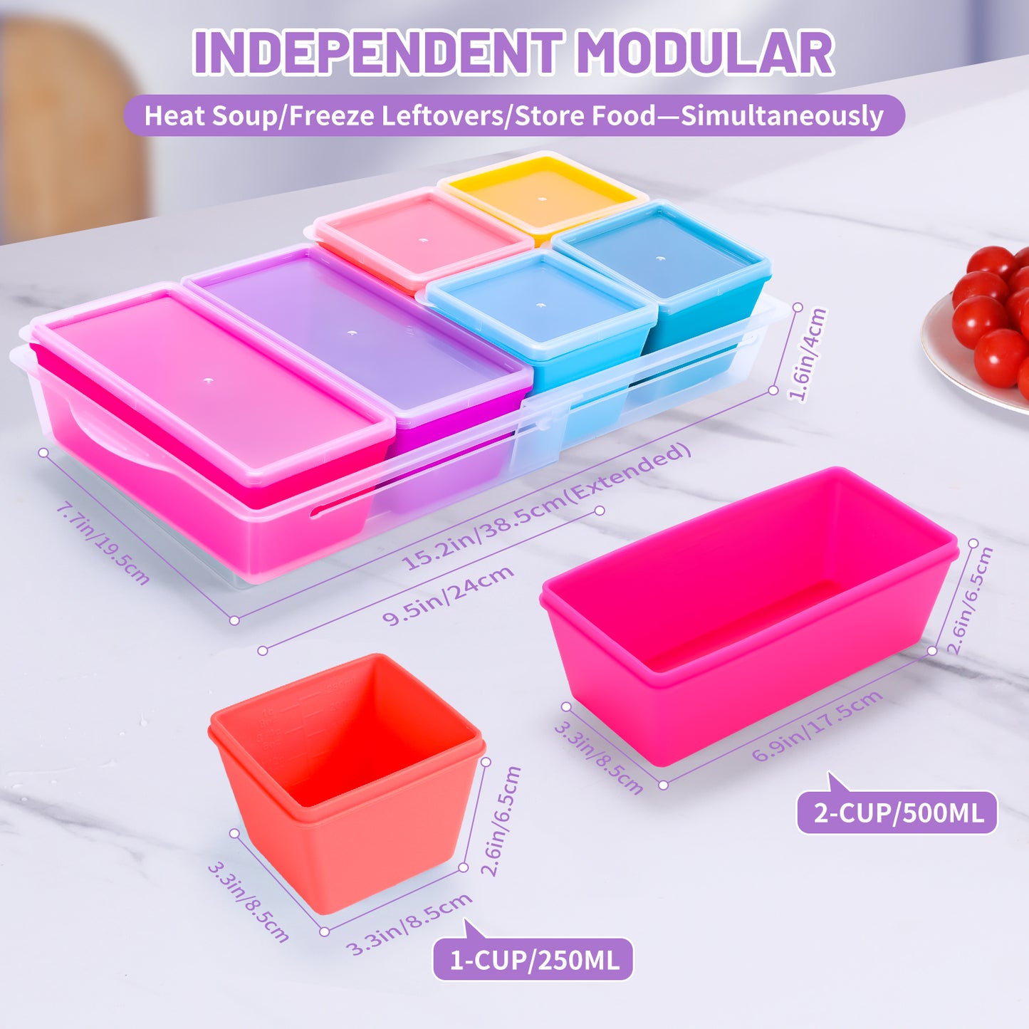 Mrsdry BPA-Free Silicone Freezer Molds with Base, Individual 6-Pack 1-Cup & 2-Cup Portion Soup Cubes Freezer Tray with Lid for Food Storage, Dishwasher Safe, Silicone Freezer Containers for Meal Prep