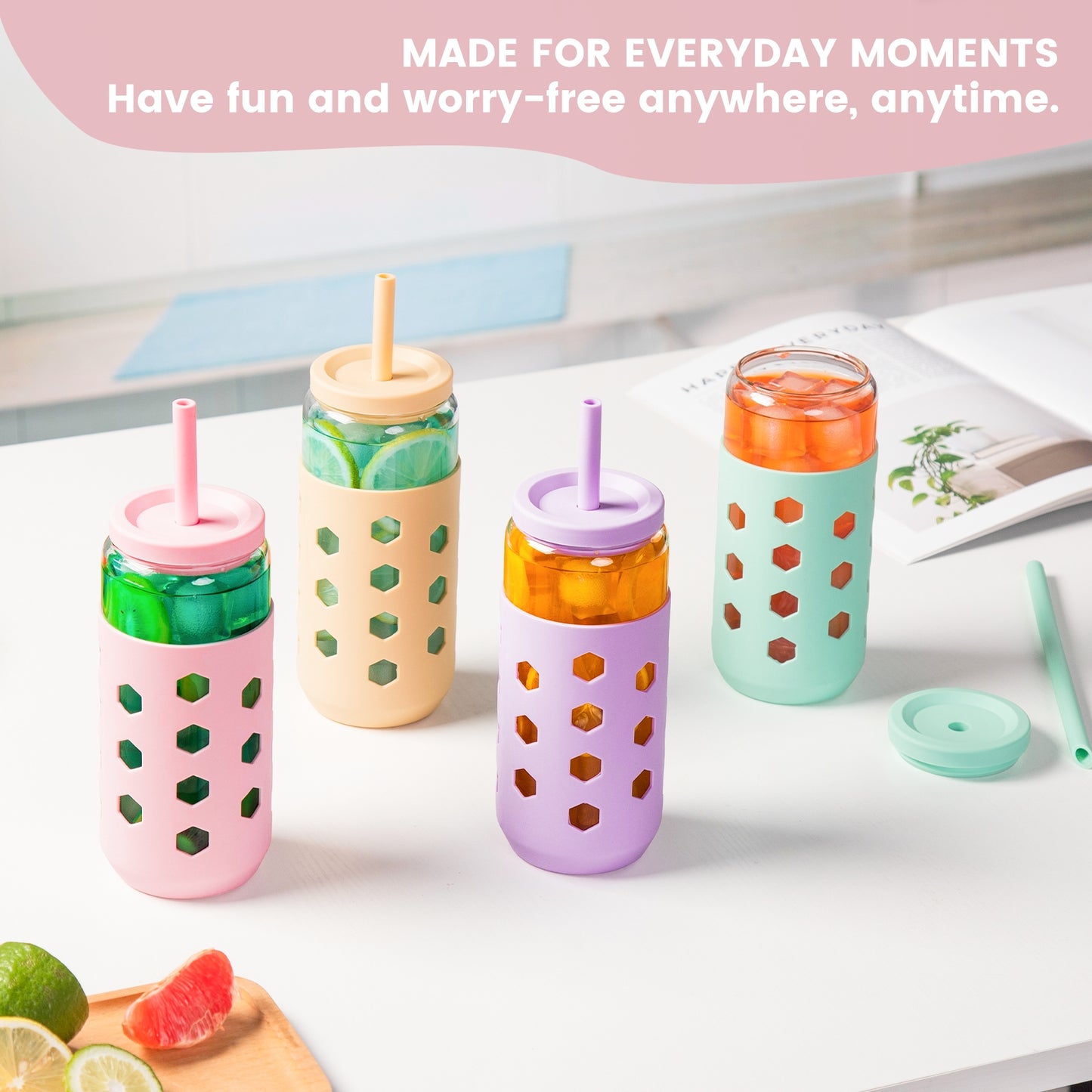Mrsdry Glass Cups with Silicone Lids and Straws (4 Pcs), 20oz Drinking Glasses Set with Silicone Sleeves for Coffee Bar Accessories Iced Coffee Cups with Lids, Glass Tumbler Reusable for Gifts