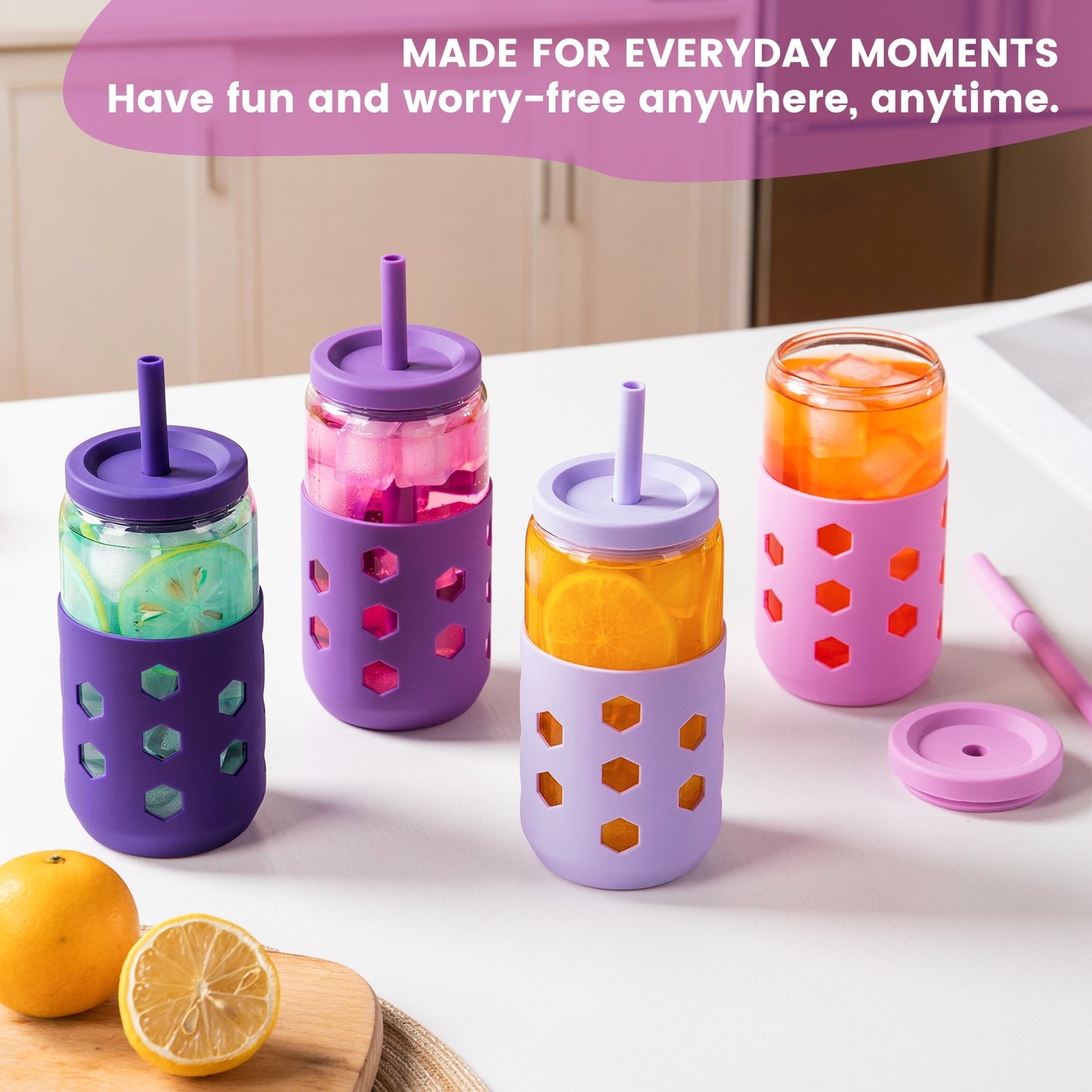 Mrsdry Glass Cups with Silicone Lids and Straws (4 Pcs), 16oz Drinking Glasses Set with Silicone Sleeves for Coffee Bar Accessories Iced Coffee Cups with Lids, Glass Tumbler Reusable for Gifts