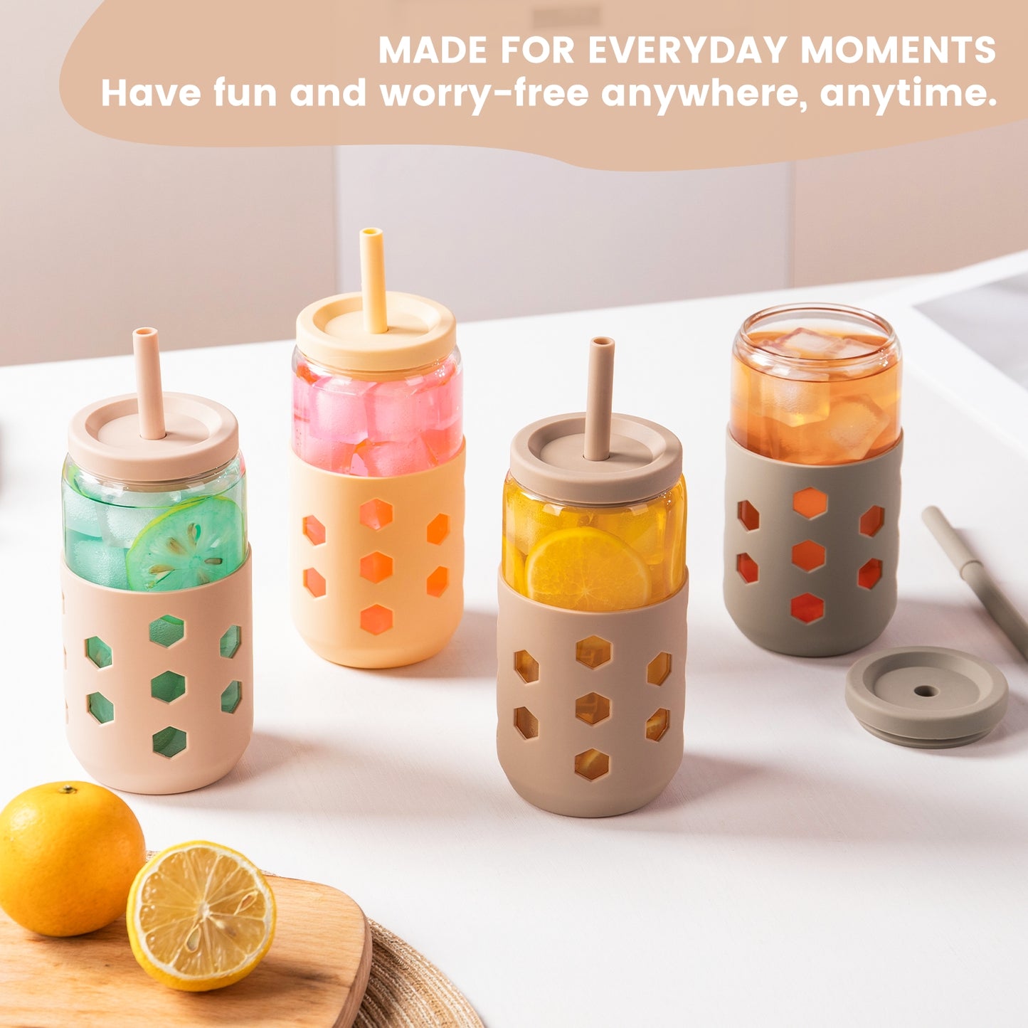 Mrsdry Glass Cups with Silicone Lids and Straws (4 Pcs), 16oz Drinking Glasses Set with Silicone Sleeves for Coffee Bar Accessories Iced Coffee Cups with Lids, Glass Tumbler Reusable for Gifts