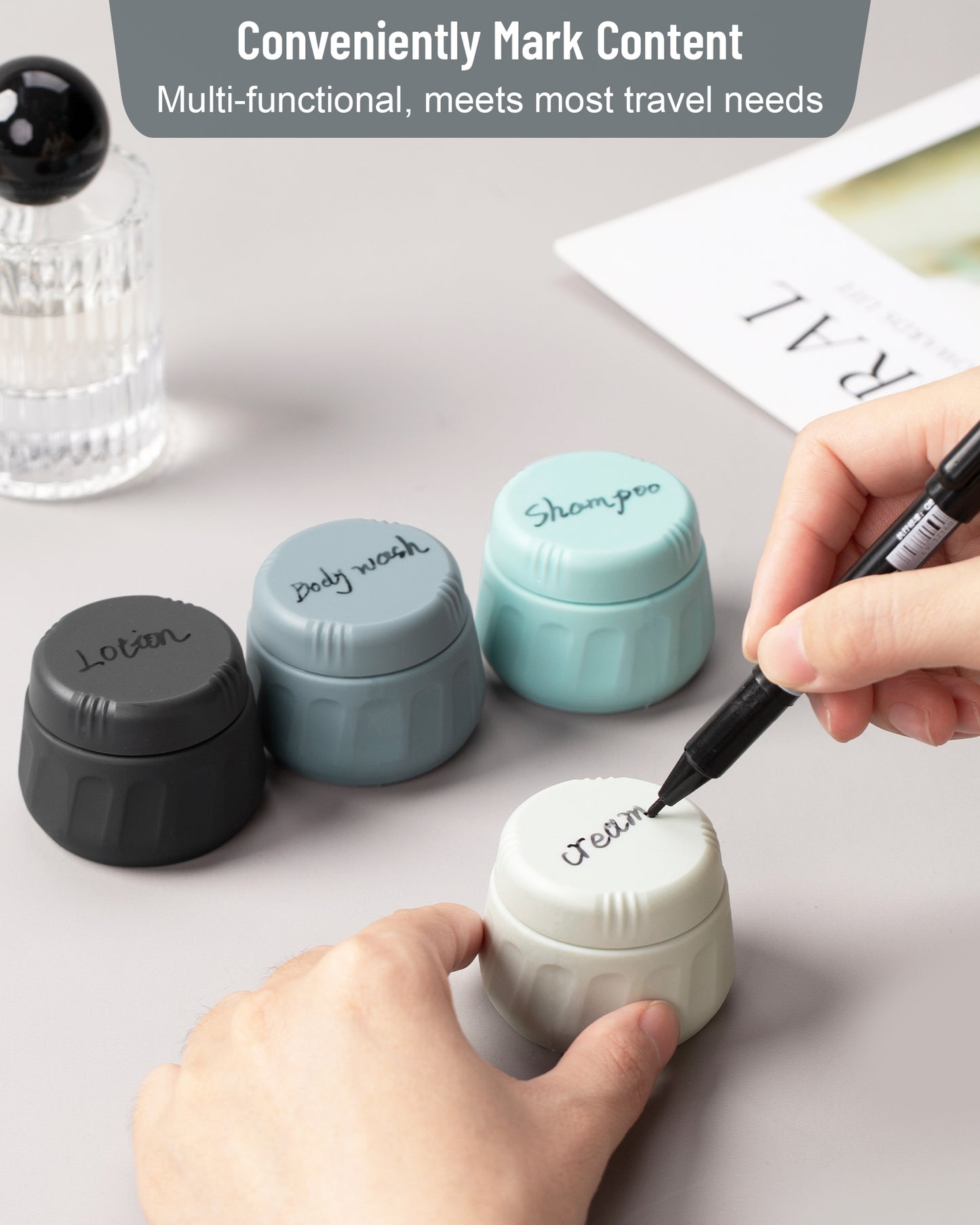 Mrsdry Travel Containers for Toiletries, TSA Approved Travel Size Toiletries 4 Pack, Refillable Containers, With Clear Bag, Leak Proof Silicone Jars, Essentials Creams Jars Carrying Small Items