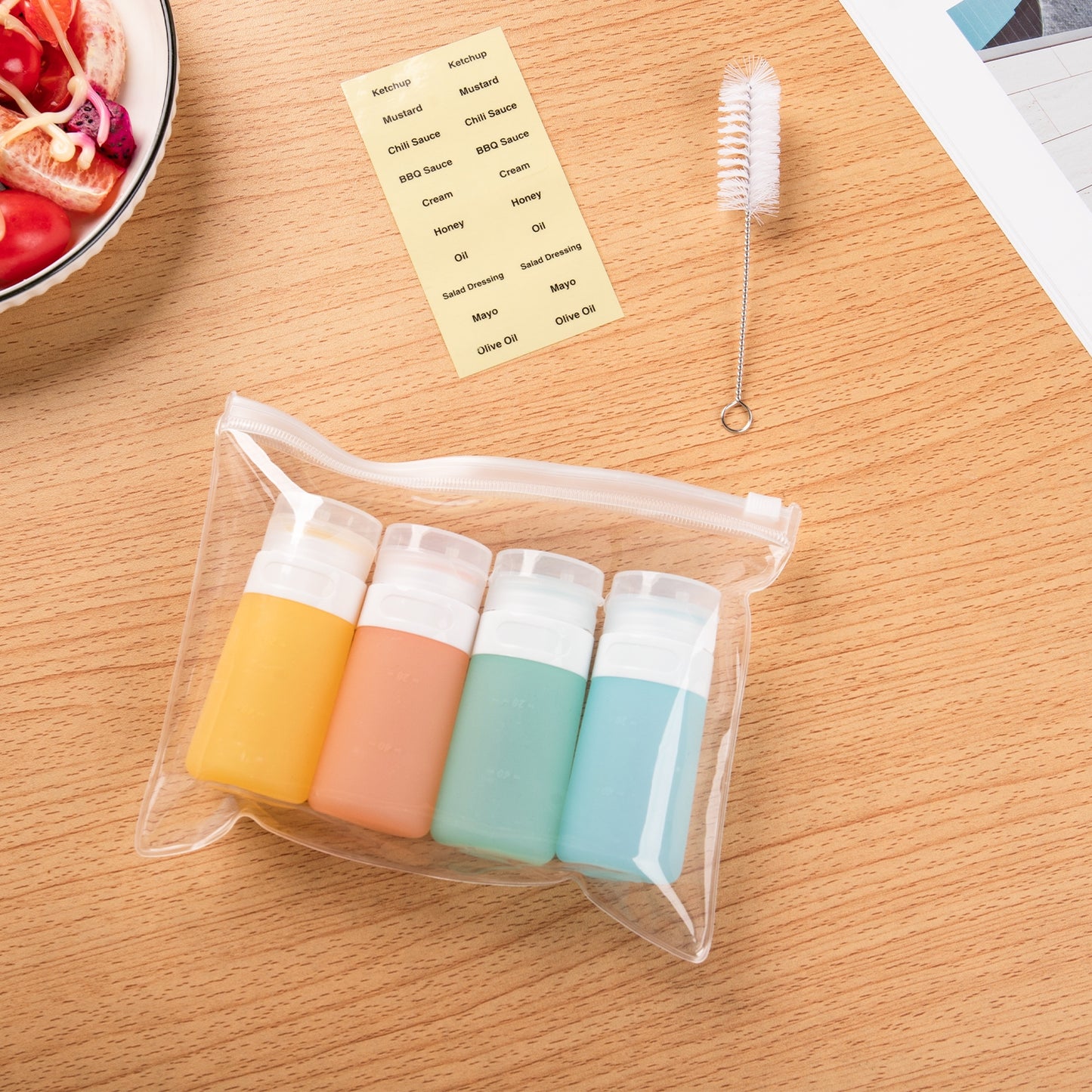 Mrsdry Small Condiment Squeeze Bottles, 2-oz Leakproof Silicone Salad Dressing Container to Go, Sauces Bottle for Bento Lunch Box, 4-pack, Candies