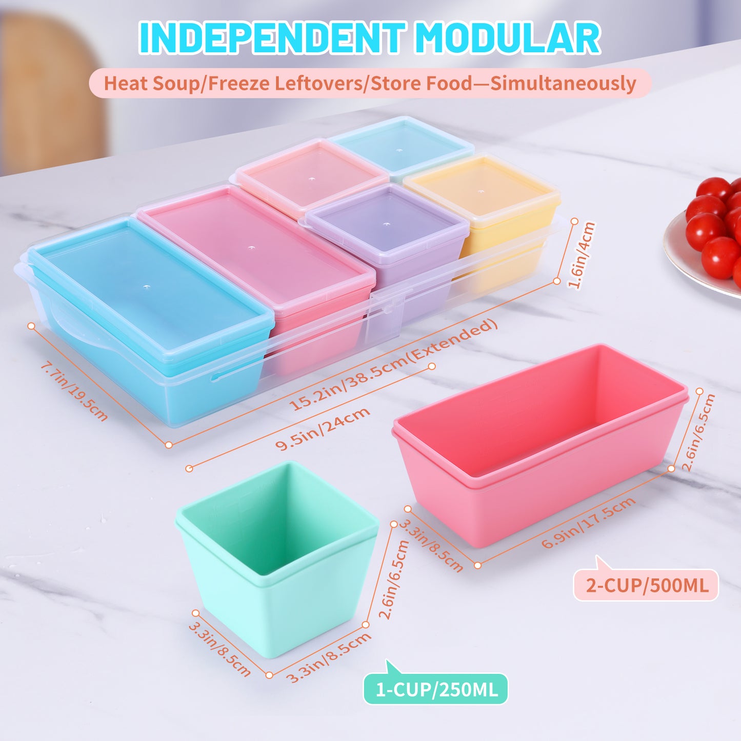 Mrsdry BPA-Free Silicone Freezer Molds with Base, Individual 6-Pack 1-Cup & 2-Cup Portion Soup Cubes Freezer Tray with Lid for Food Storage, Dishwasher Safe, Silicone Freezer Containers for Meal Prep