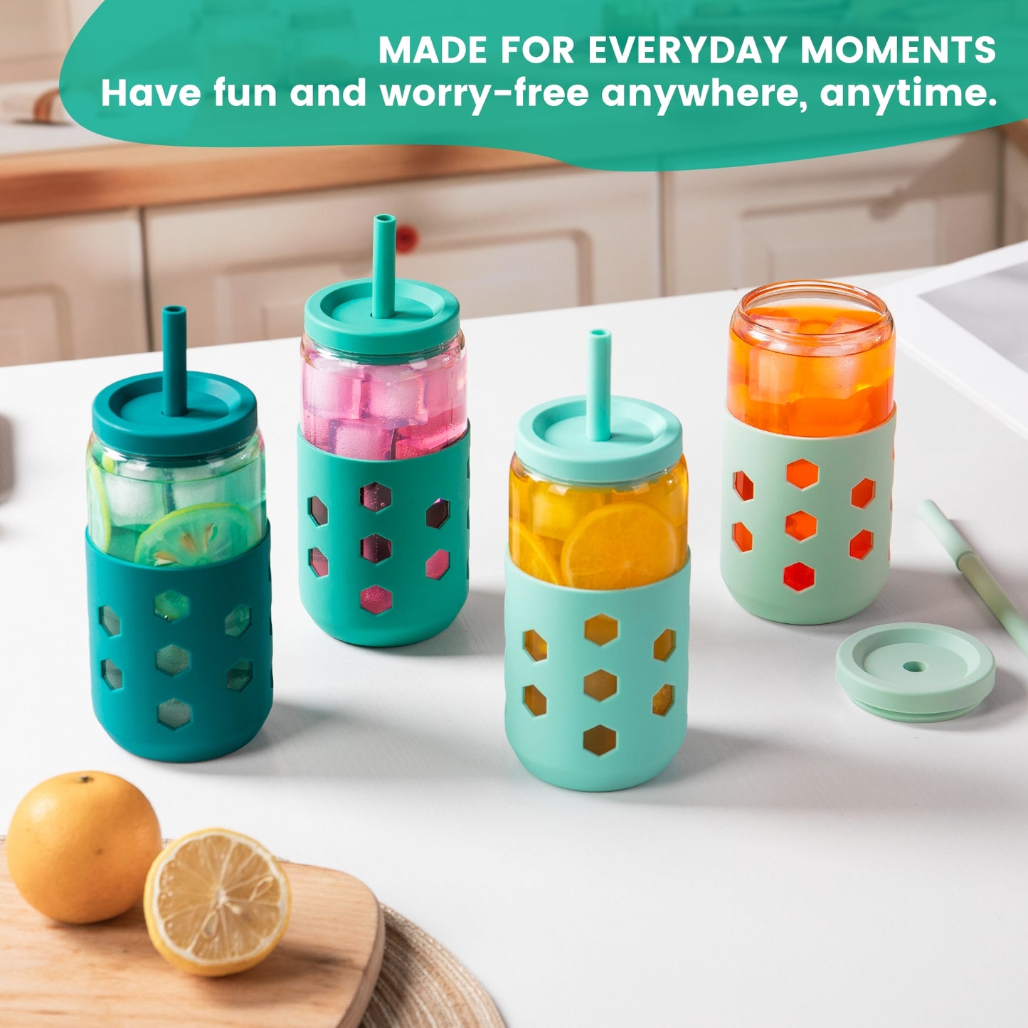Mrsdry Glass Cups with Silicone Lids and Straws (4 Pcs), 16oz Drinking Glasses Set with Silicone Sleeves for Coffee Bar Accessories Iced Coffee Cups with Lids, Glass Tumbler Reusable for Gifts