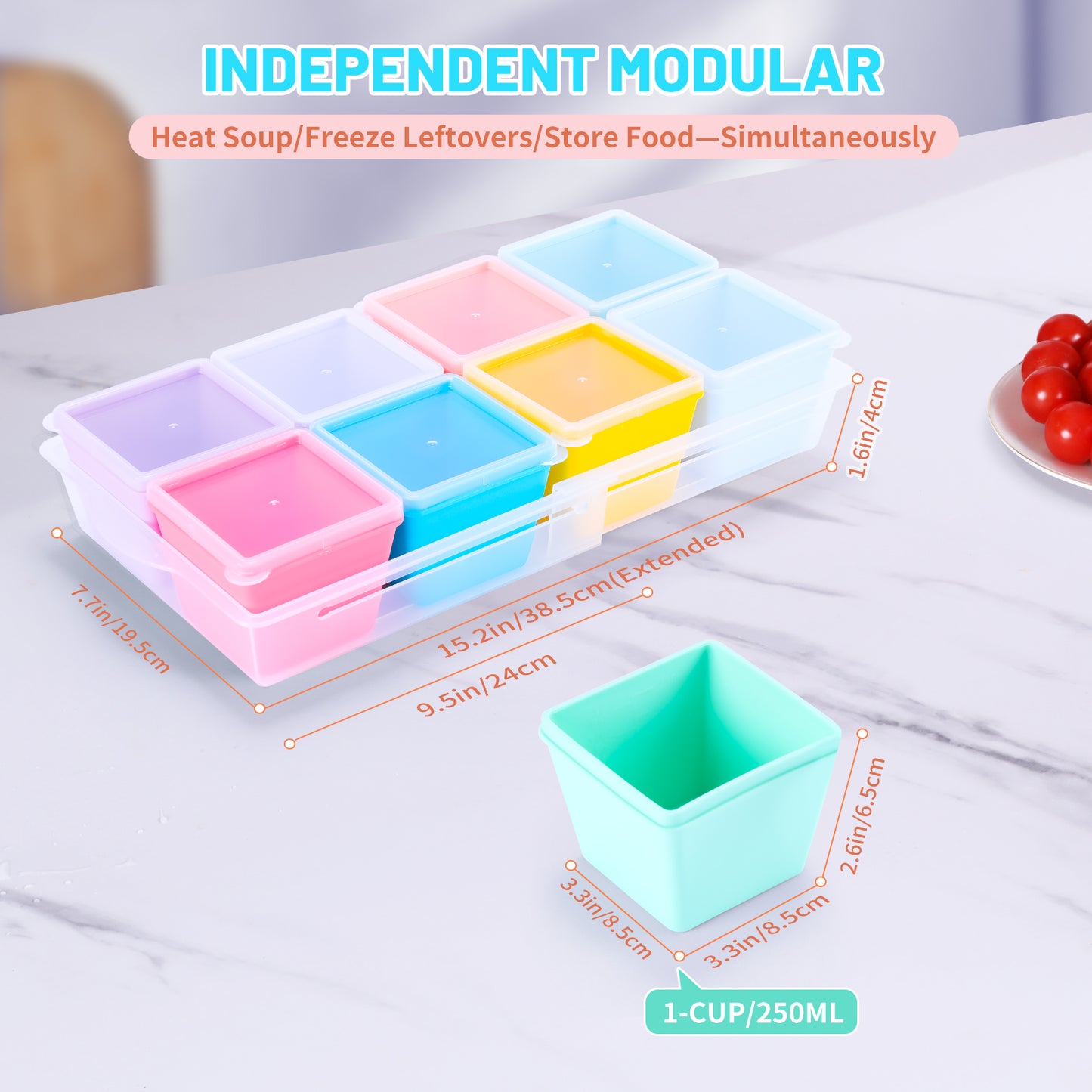 Mrsdry BPA-Free Silicone Freezer Molds with Base, Individual 8-Pack 1-Cup Portion Soup Cubes Freezer Tray with Lids for Food Storage, Oven & Dishwasher Safe, Silicone Freezer Containers for Meal Prep
