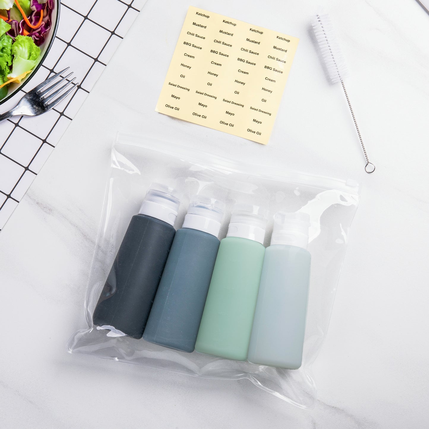 Mrsdry Condiment Squeeze Bottles for Sauces, 6-oz Mini Silicone Salad Dressing Container to Go with Reusable Sandwich Bag, Leakproof Sauce Bottle for Lunch Box, 4 Pack, Gray