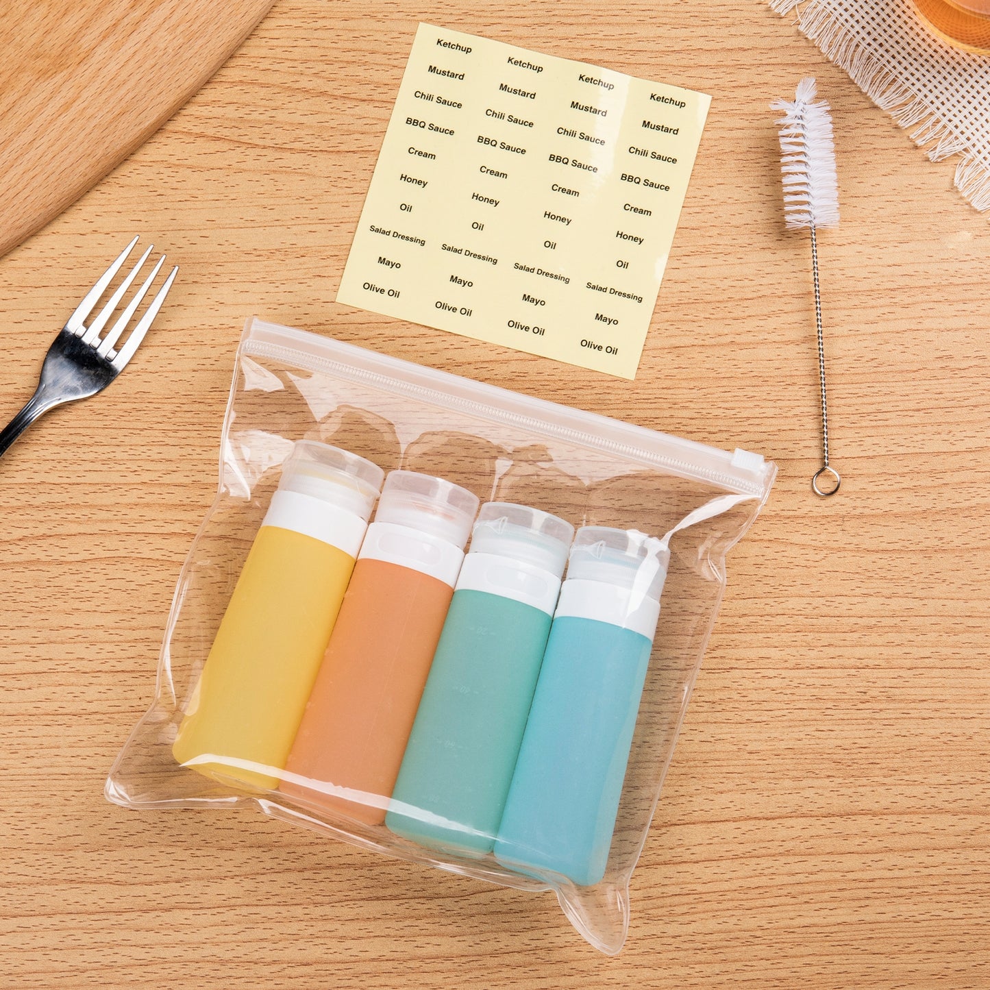 Mrsdry Condiment Squeeze Bottles for Sauces, 3-oz Mini Silicone Salad Dressing Container to Go with Reusable Sandwich Bag, Leakproof Sauce Bottle for Bento Lunch Box, 4 Pack, Candies