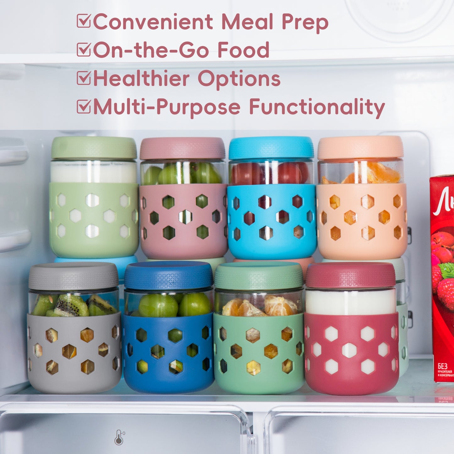 Mrsdry 4-Pack 16oz Glass Mason Jars with Silicone Sleeves, Airtight BPA-Free Overnight Oats Containers with Lids, Dishwasher Safe Leak-Proof Meal Prep Jars for Chia Pudding, Yogurt, Snacks