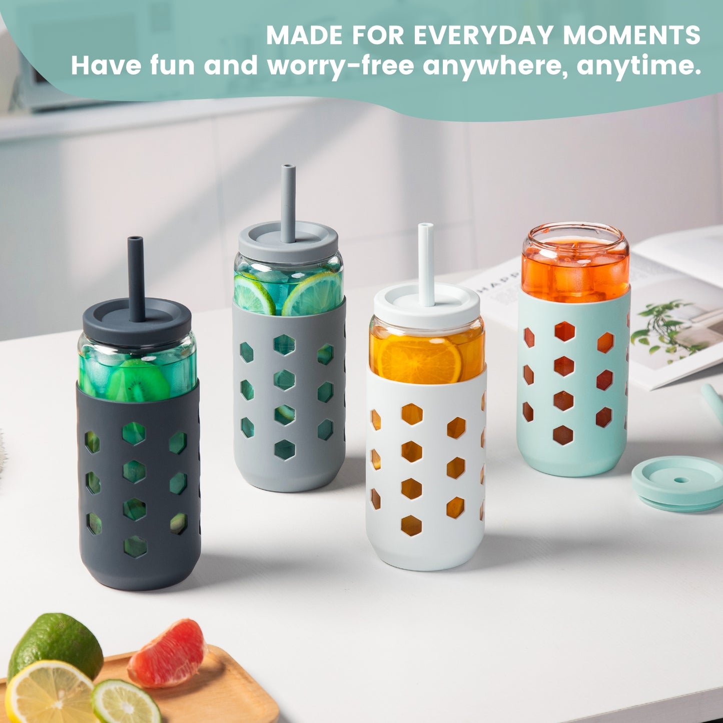 Mrsdry Glass Cups with Silicone Lids and Straws (4 Pcs), 20oz Drinking Glasses Set with Silicone Sleeves for Coffee Bar Accessories Iced Coffee Cups with Lids, Glass Tumbler Reusable for Gifts