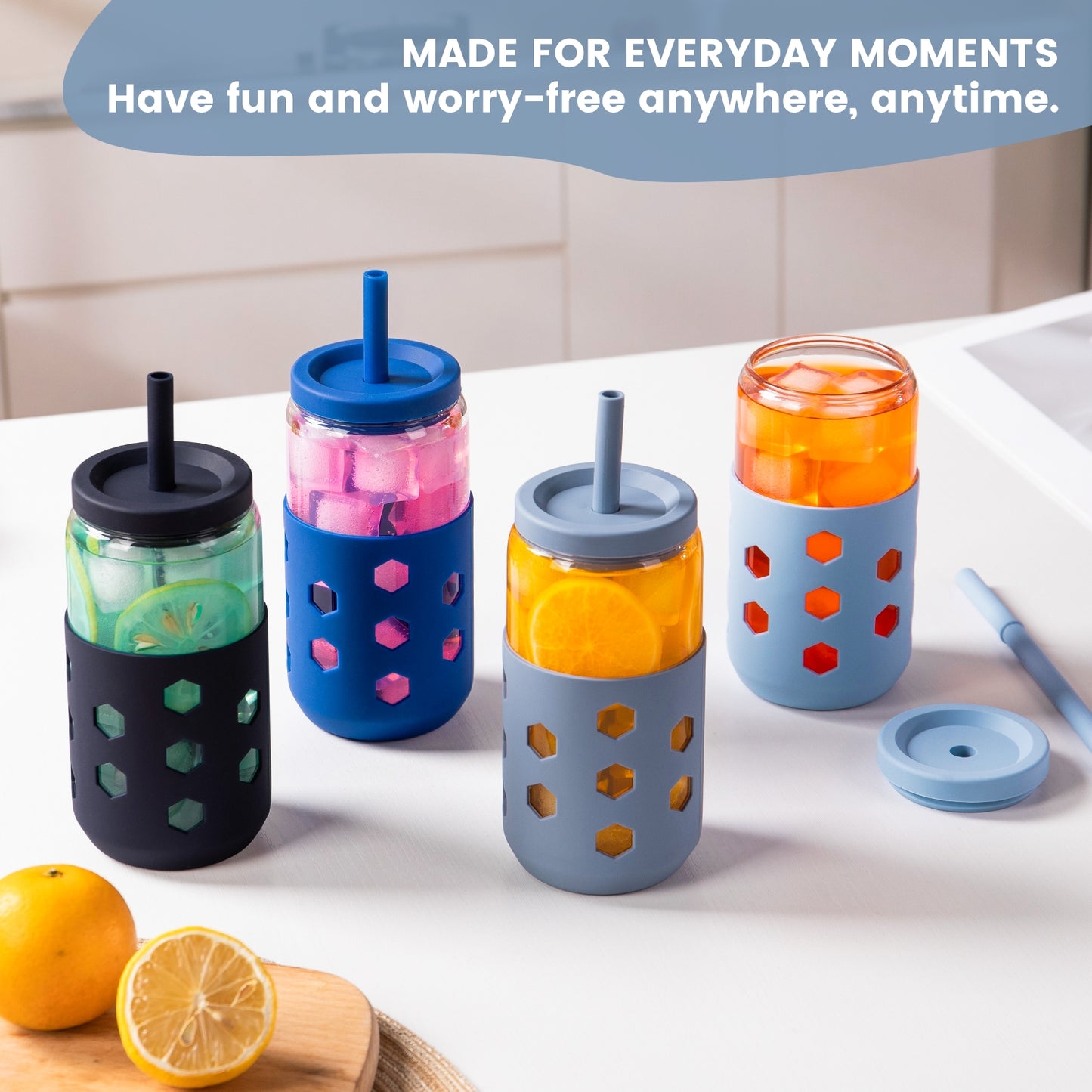 Mrsdry Glass Cups with Silicone Lids and Straws (4 Pcs), 16oz Drinking Glasses Set with Silicone Sleeves for Coffee Bar Accessories Iced Coffee Cups with Lids, Glass Tumbler Reusable for Gifts