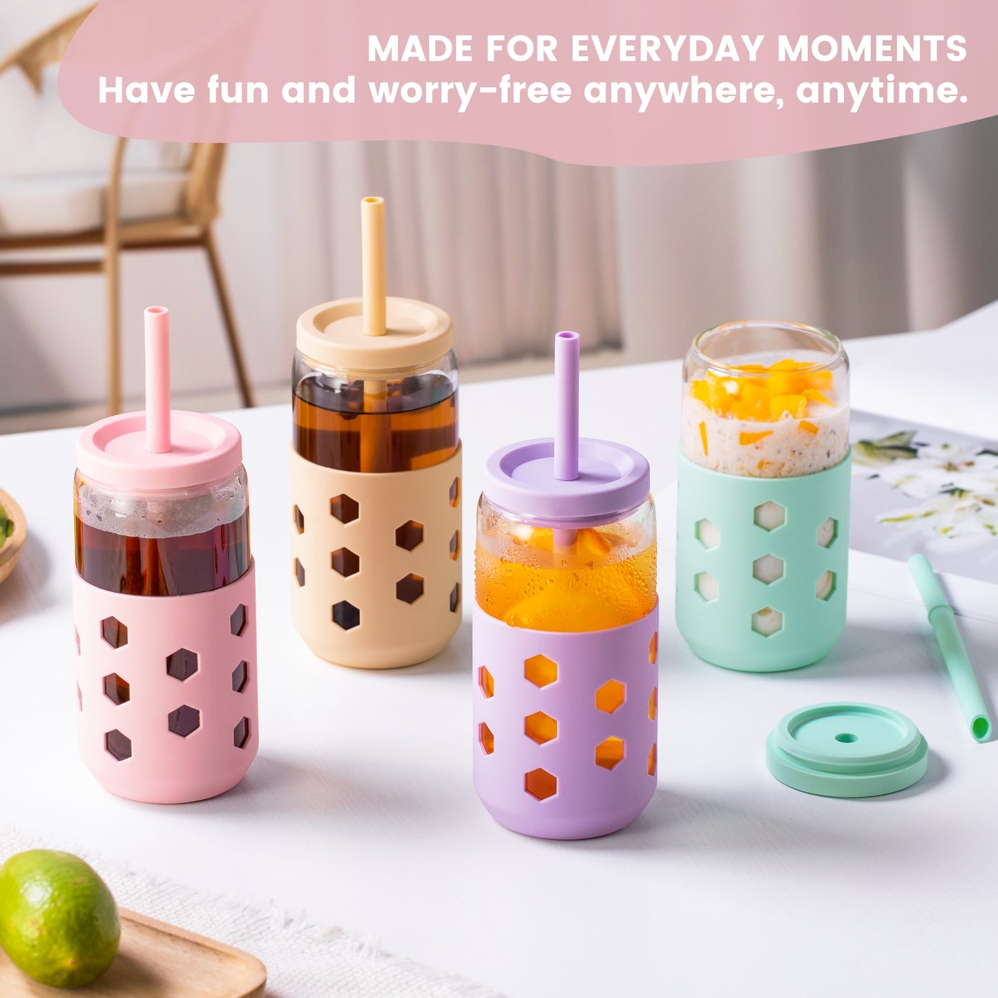 Mrsdry Glass Cups with Silicone Lids and Straws (4 Pcs), 16oz Drinking Glasses Set with Silicone Sleeves for Coffee Bar Accessories Iced Coffee Cups with Lids, Glass Tumbler Reusable for Gifts