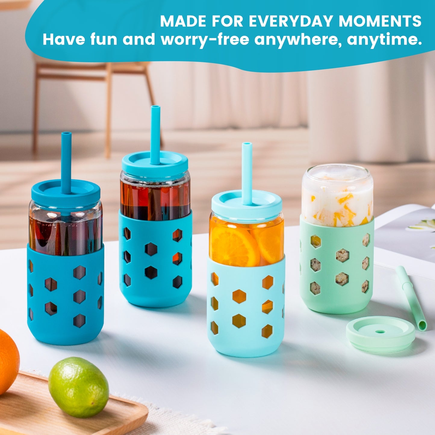 Mrsdry Glass Cups with Silicone Lids and Straws (4 Pcs), 16oz Drinking Glasses Set with Silicone Sleeves for Coffee Bar Accessories Iced Coffee Cups with Lids, Glass Tumbler Reusable for Gifts