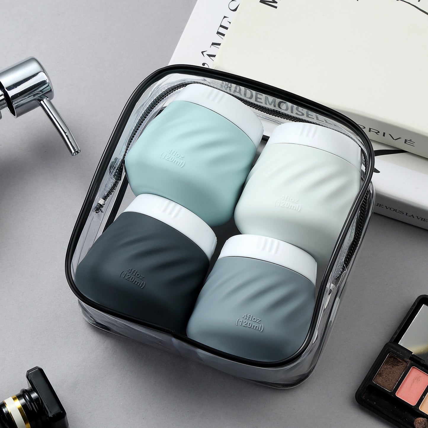Mrsdry Travel Containers for Toiletries, Silicone Cream Jars TSA Approved Travel Size Containers with Clear Bag, Leak-proof Travel Accessories with Lid for Cosmetic Face Body Hand Cream (4 Pack)