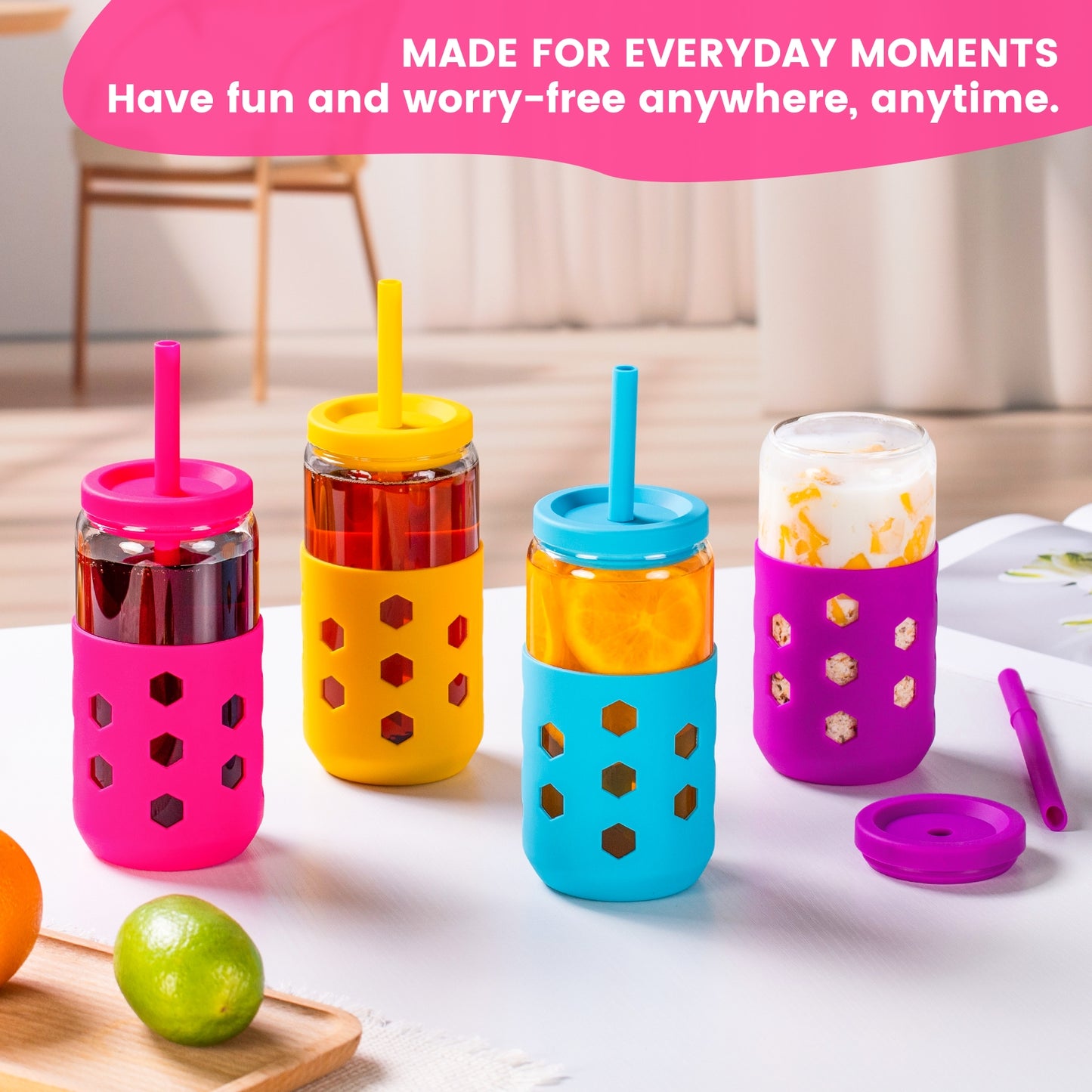 Mrsdry Glass Cups with Silicone Lids and Straws (4 Pcs), 16oz Drinking Glasses Set with Silicone Sleeves for Coffee Bar Accessories Iced Coffee Cups with Lids, Glass Tumbler Reusable for Gifts