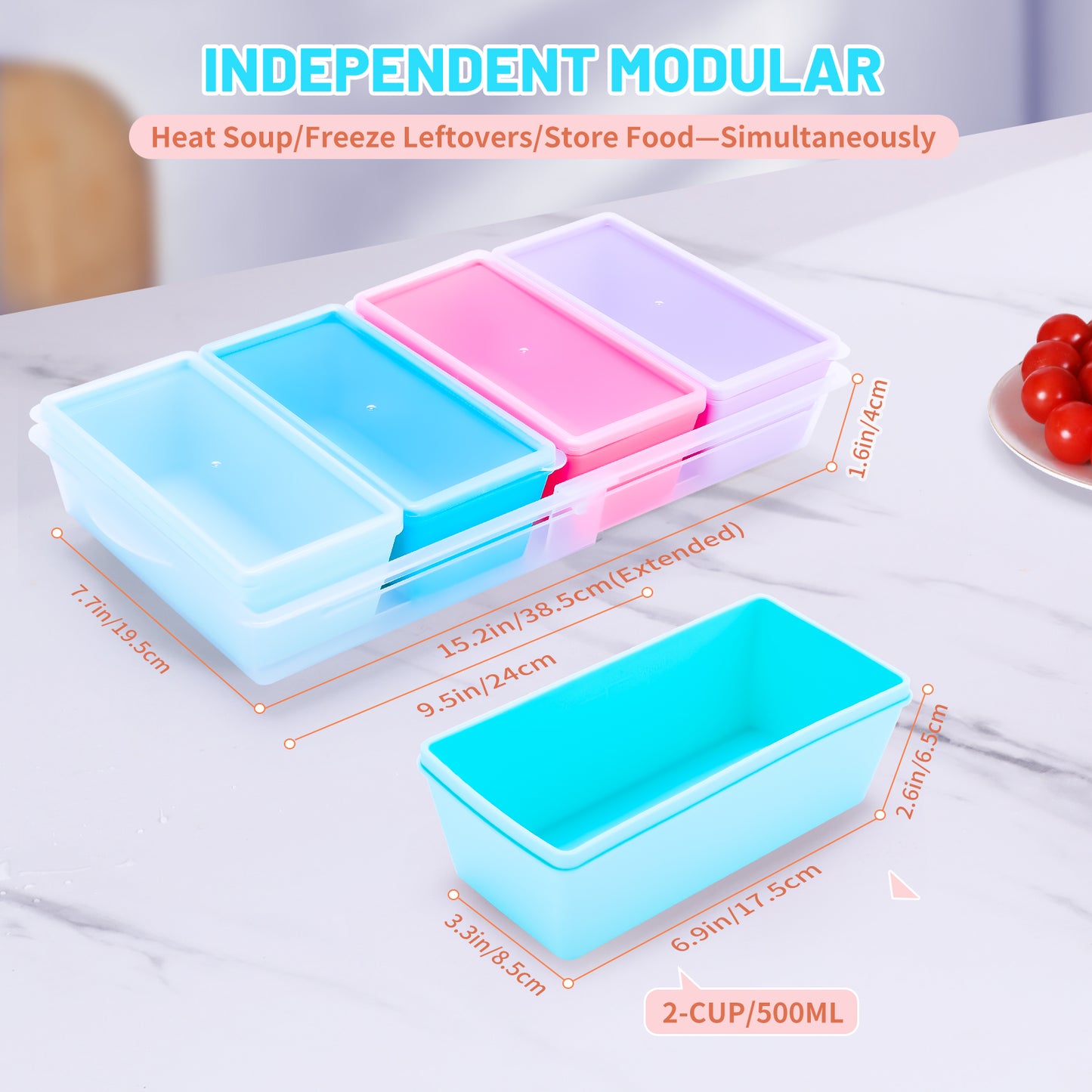 Mrsdry BPA-Free Silicone Freezer Molds with Base, Individual 4-Pack 2-Cup Portion Soup Cubes Freezer Tray with Lids for Food Storage, Oven & Dishwasher Safe, Silicone Freezer Containers for Meal Prep
