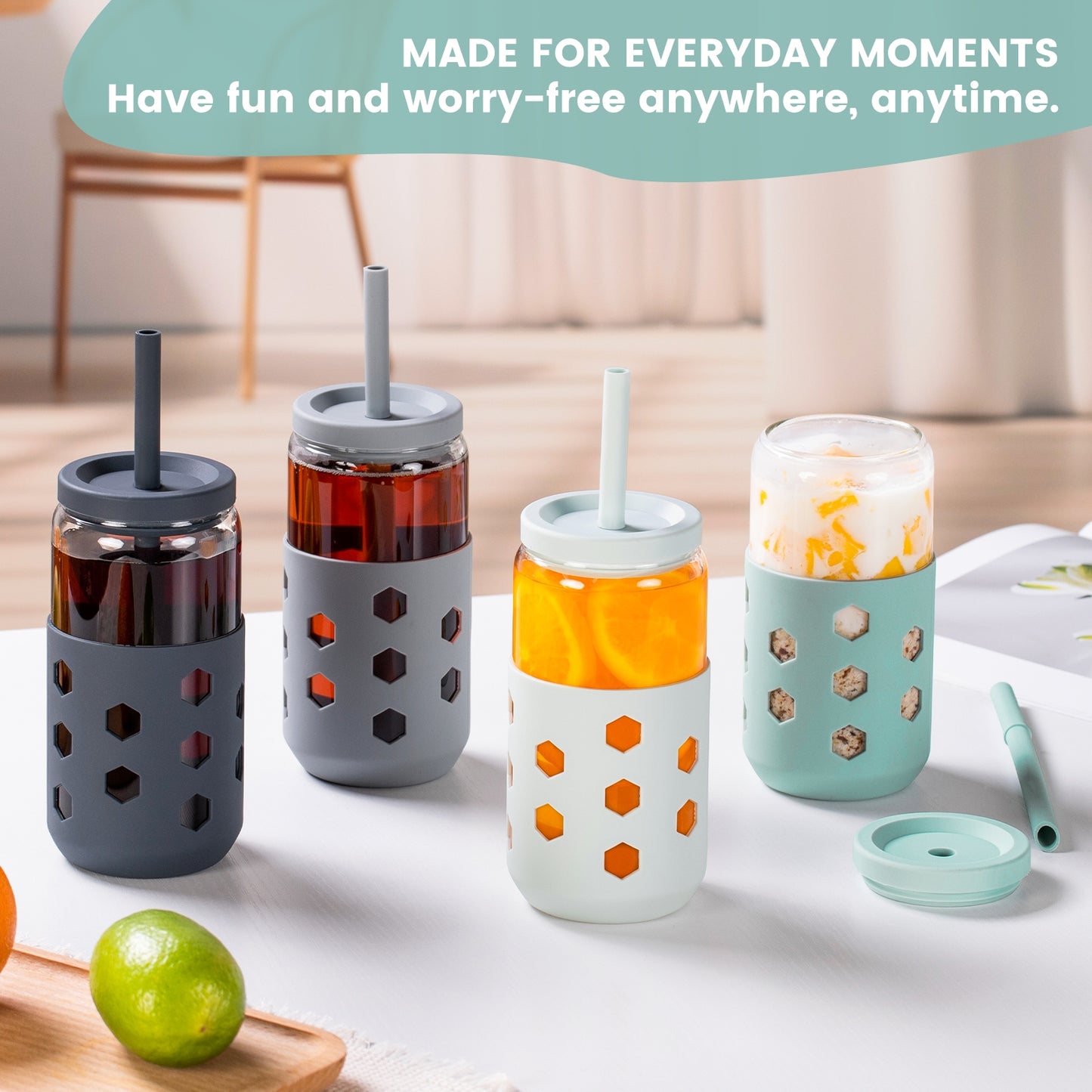 Mrsdry Glass Cups with Silicone Lids and Straws (4 Pcs), 16oz Drinking Glasses Set with Silicone Sleeves for Coffee Bar Accessories Iced Coffee Cups with Lids, Glass Tumbler Reusable for Gifts