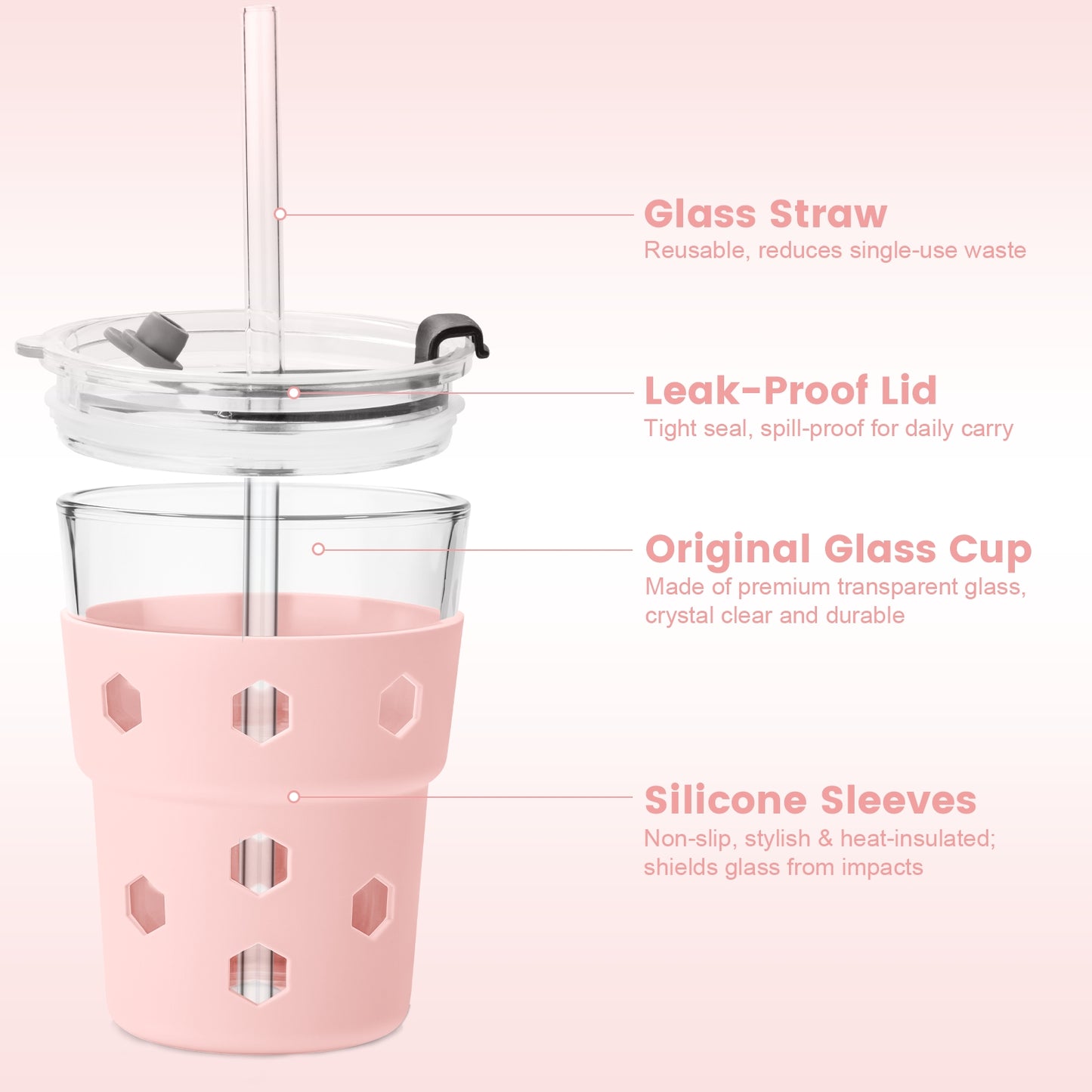 Mrsdry 12oz Iced Coffee Cup with Lids and Silicone Sleeves, Reusable Glass Tumbler with Straw, Leakproof Travel Glass Cups Fits Car Cup Holder for Cold and Hot Drinks