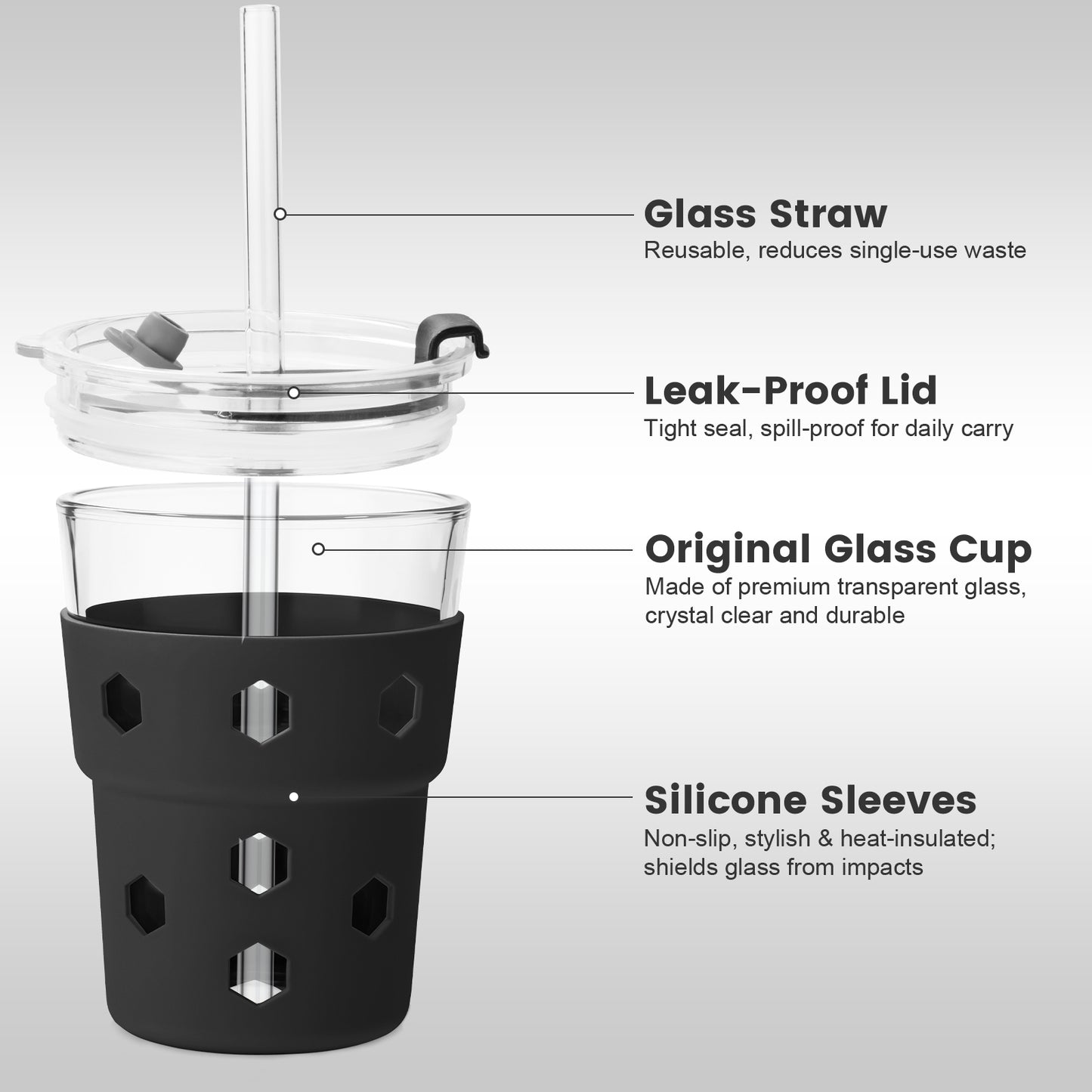 Mrsdry 12oz Iced Coffee Cup with Lids and Silicone Sleeves, Reusable Glass Tumbler with Straw, Leakproof Travel Glass Cups Fits Car Cup Holder for Cold and Hot Drinks