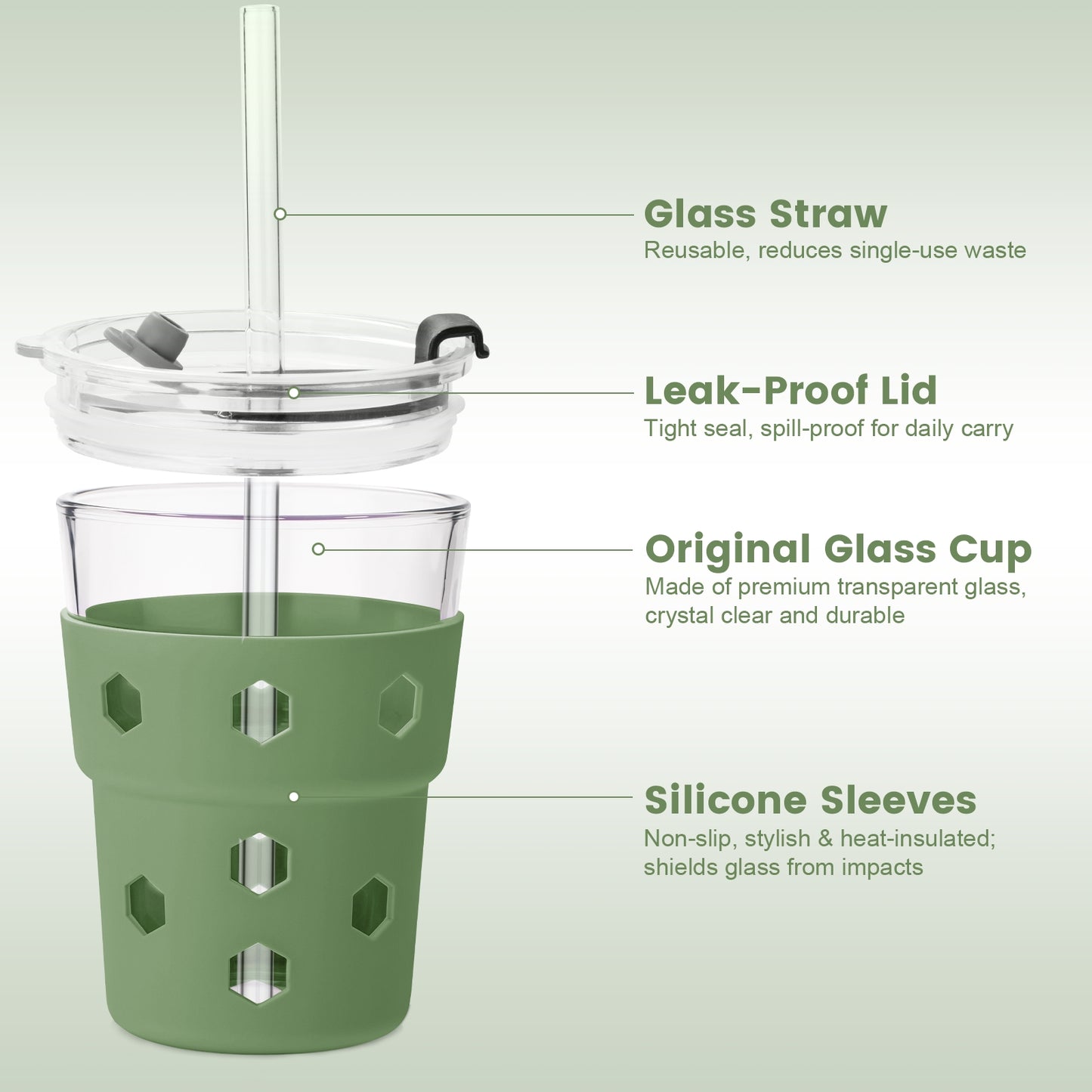 Mrsdry 12oz Iced Coffee Cup with Lids and Silicone Sleeves, Reusable Glass Tumbler with Straw, Leakproof Travel Glass Cups Fits Car Cup Holder for Cold and Hot Drinks