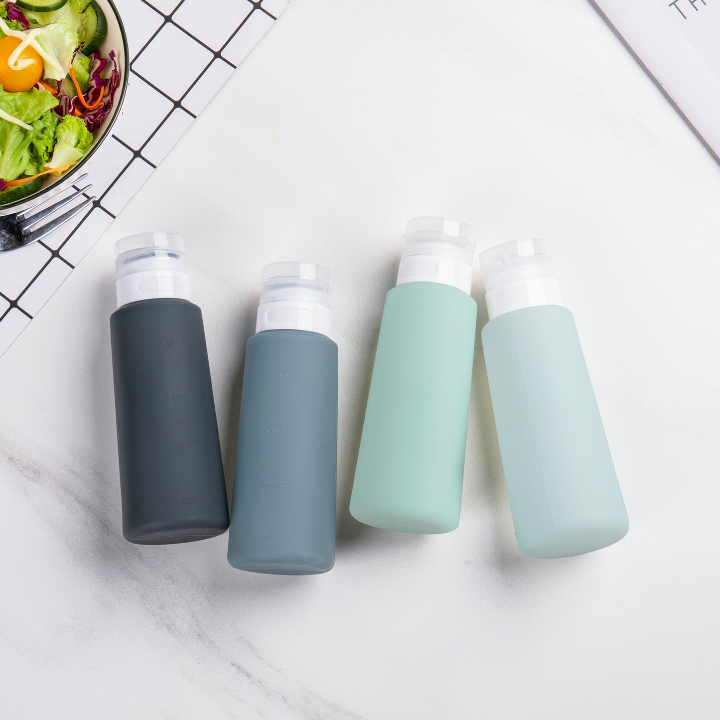 Mrsdry Condiment Squeeze Bottles for Sauces, 6-oz Mini Silicone Salad Dressing Container to Go with Reusable Sandwich Bag, Leakproof Sauce Bottle for Lunch Box, 4 Pack, Gray