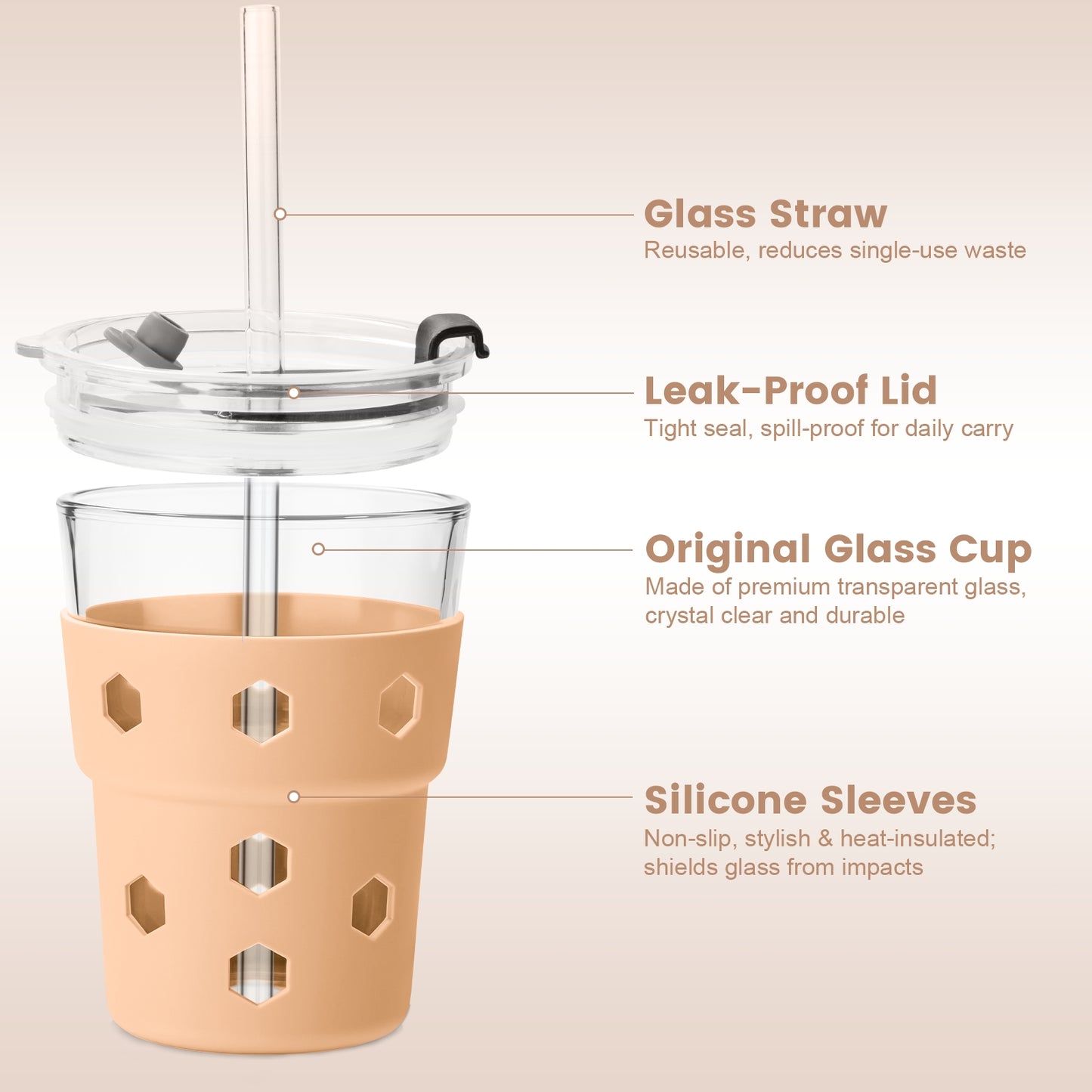 Mrsdry 12oz Iced Coffee Cup with Lids and Silicone Sleeves, Reusable Glass Tumbler with Straw, Leakproof Travel Glass Cups Fits Car Cup Holder for Cold and Hot Drinks