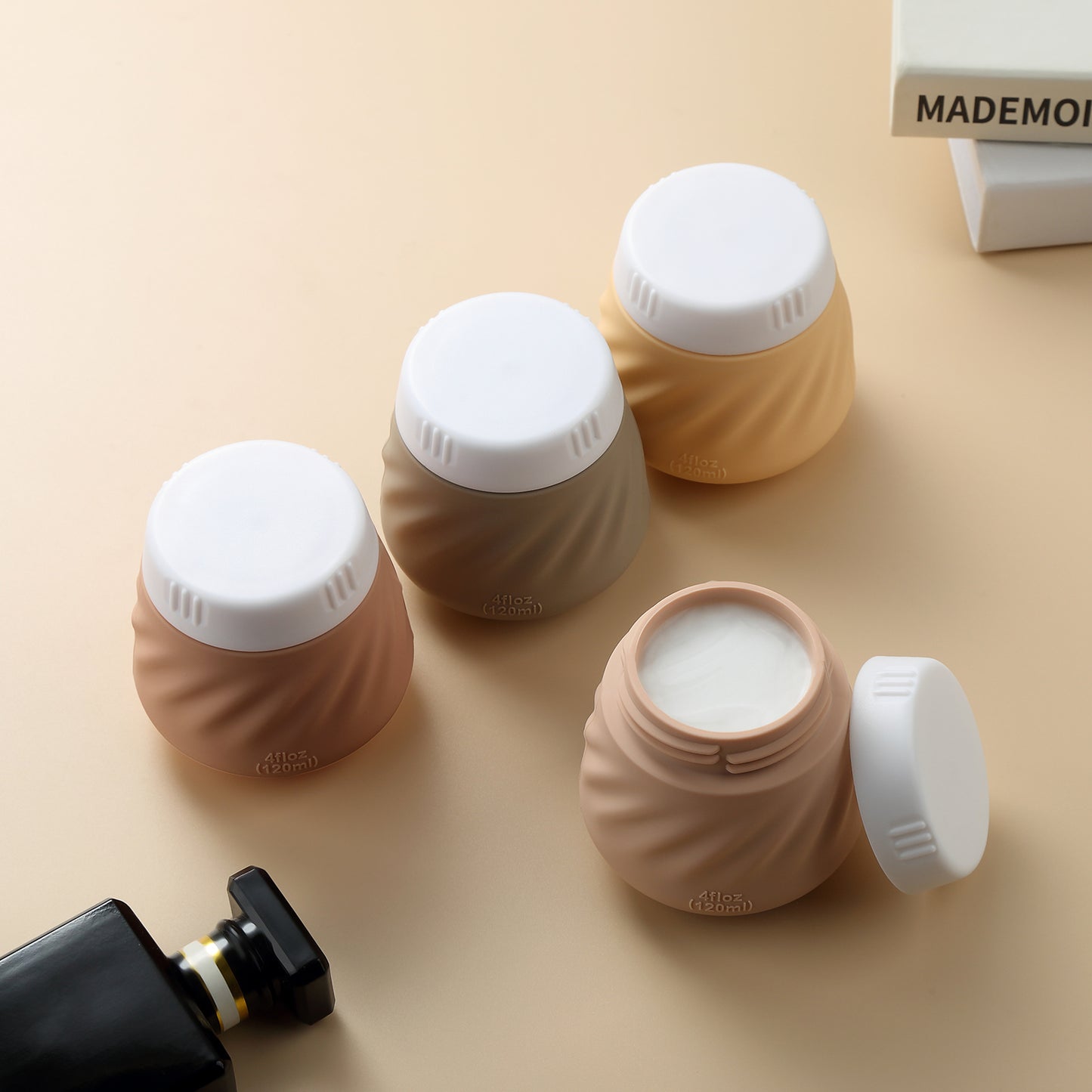 Mrsdry Travel Containers for Toiletries, Silicone Cream Jars TSA Approved Travel Size Containers with Clear Bag, Leak-proof Travel Accessories with Lid for Cosmetic Face Body Hand Cream (4 Pack)