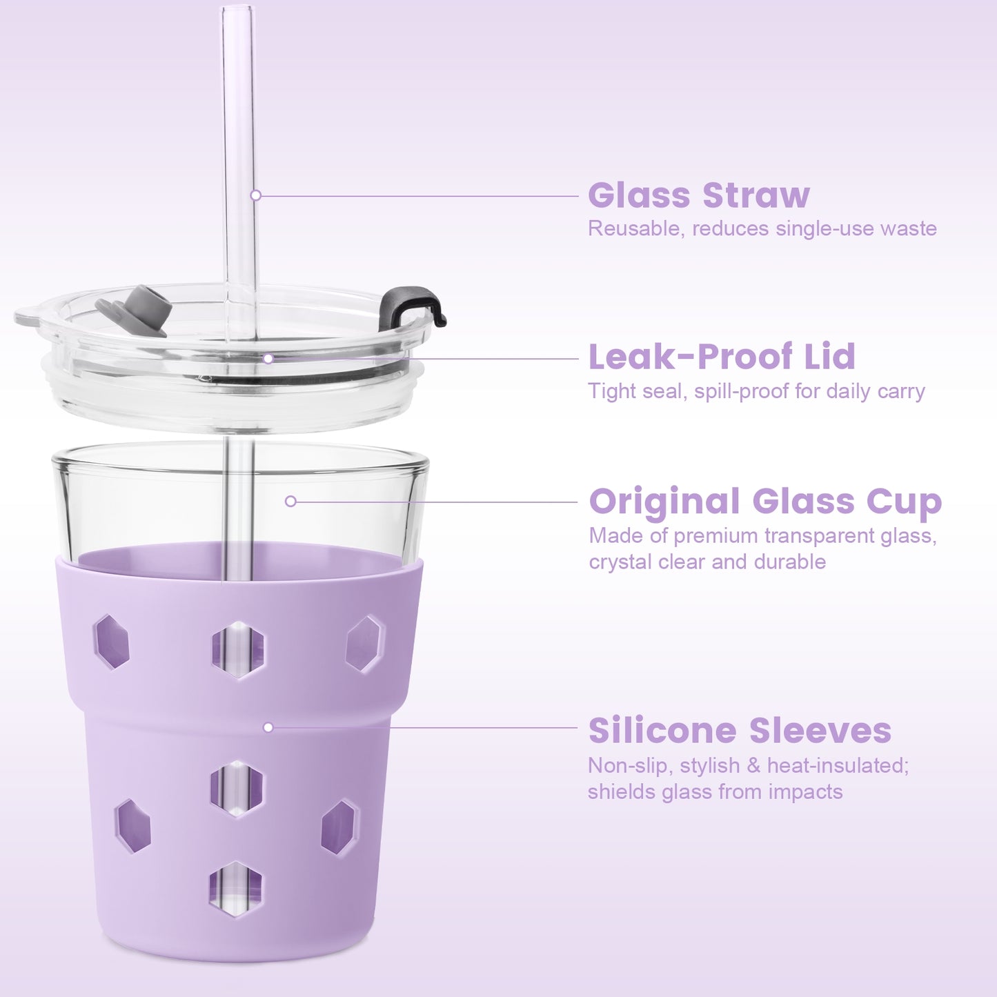 Mrsdry 12oz Iced Coffee Cup with Lids and Silicone Sleeves, Reusable Glass Tumbler with Straw, Leakproof Travel Glass Cups Fits Car Cup Holder for Cold and Hot Drinks
