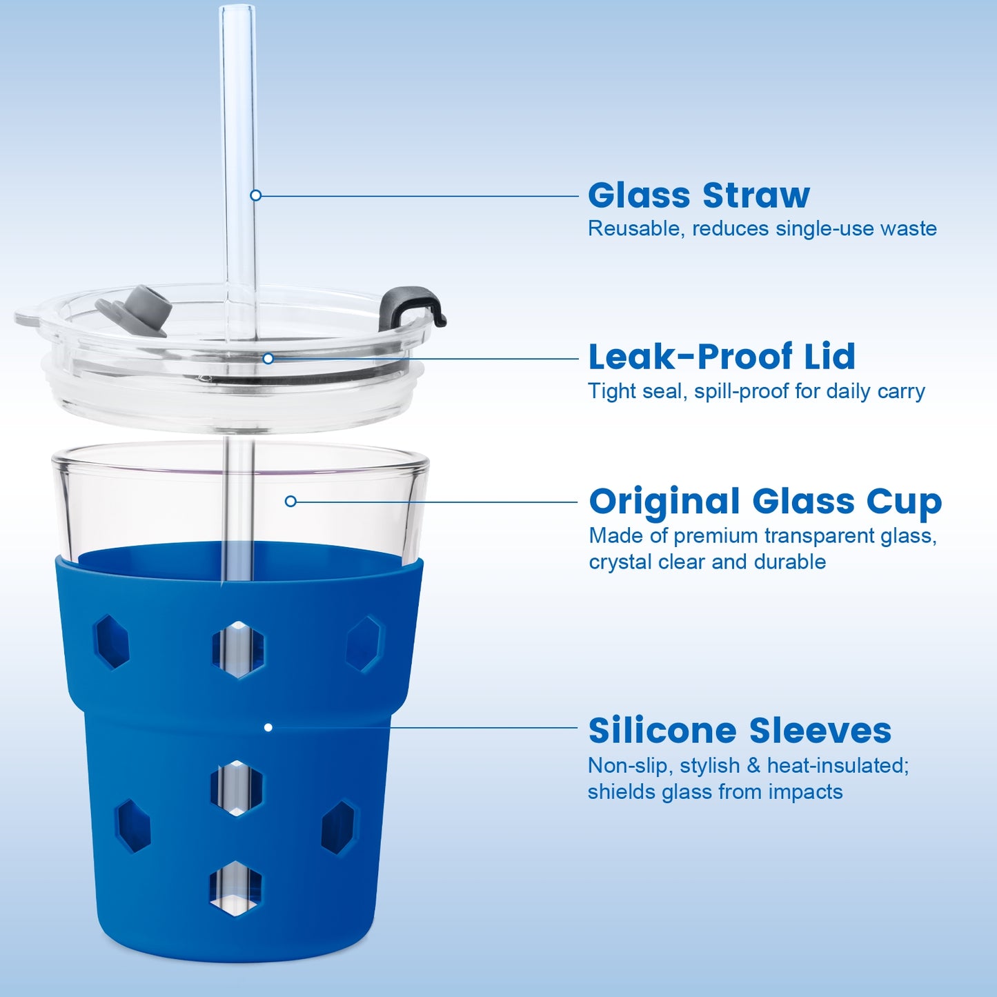 Mrsdry 12oz Iced Coffee Cup with Lids and Silicone Sleeves, Reusable Glass Tumbler with Straw, Leakproof Travel Glass Cups Fits Car Cup Holder for Cold and Hot Drinks