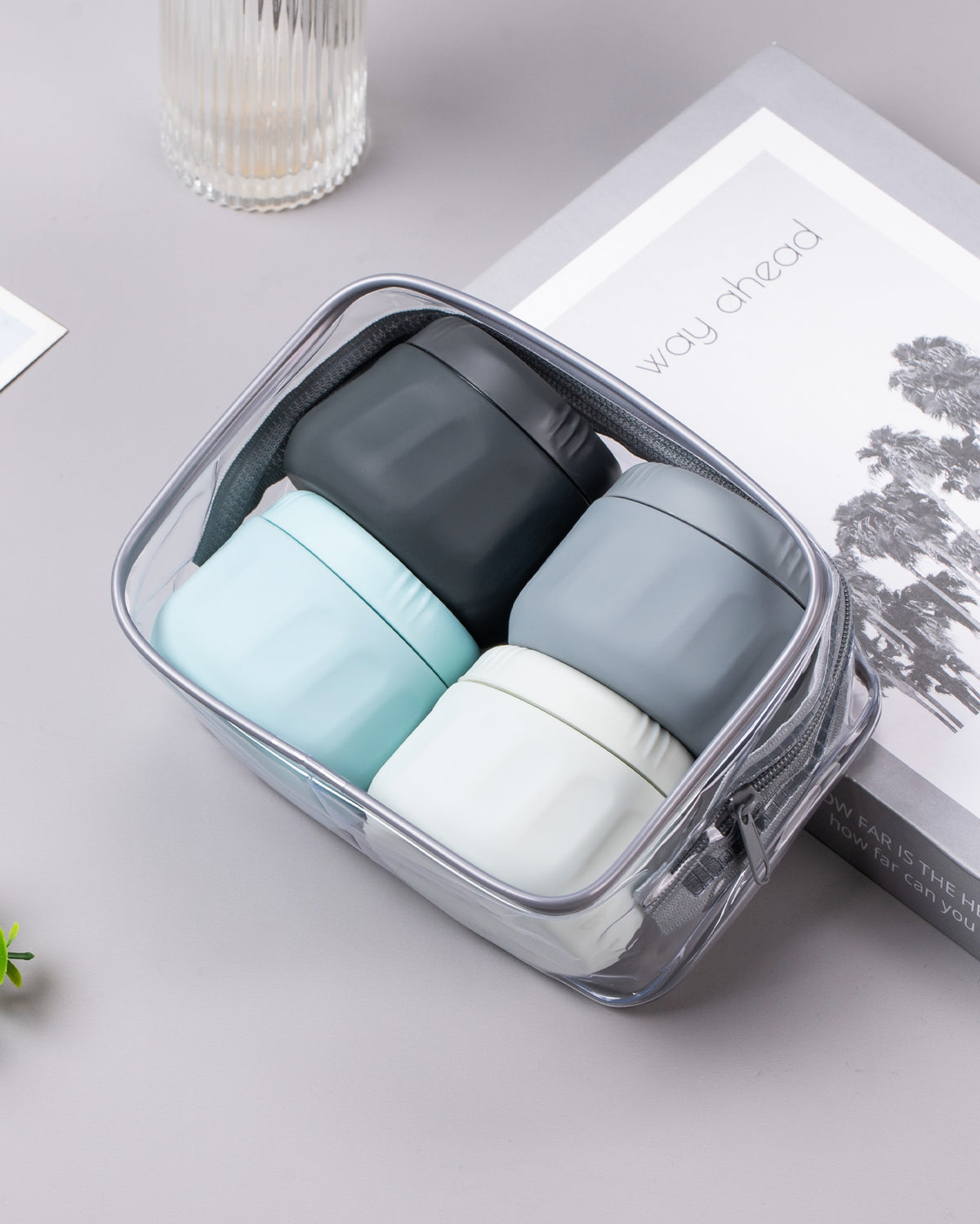 Mrsdry Travel Containers for Toiletries, TSA Approved Travel Size Toiletries 4 Pack, Refillable Containers, with Clear Bag, Leak Proof Silicone Jars, Essentials Creams Jars Carrying Small Items