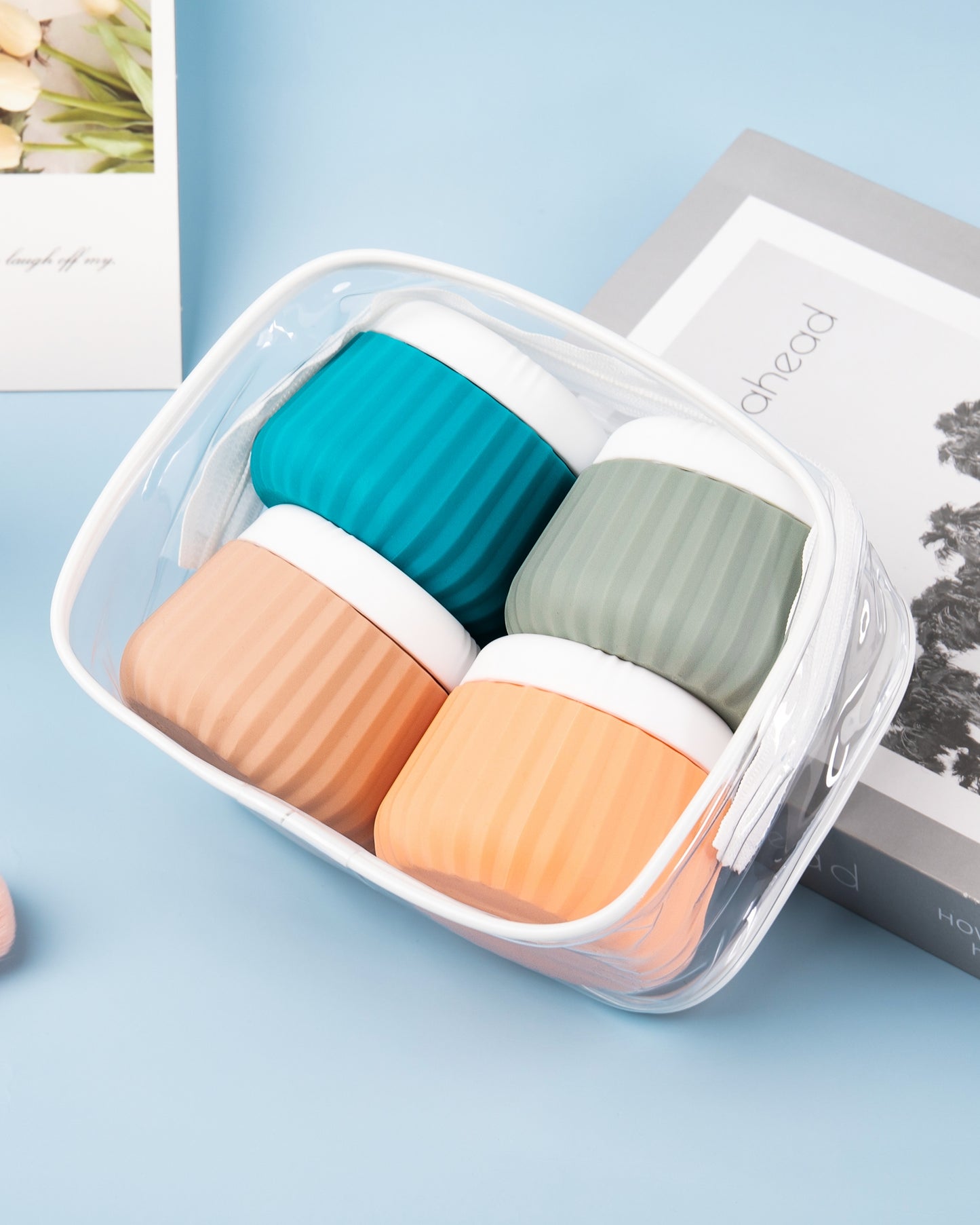 Mrsdry Travel Containers for Toiletries 4 Pack, TSA Approved Travel Size Toiletries, Travel Size Containers, With Clear Bag Leak Proof Silicone Jars, Travel Essentials Creams Jars Carrying Small Item