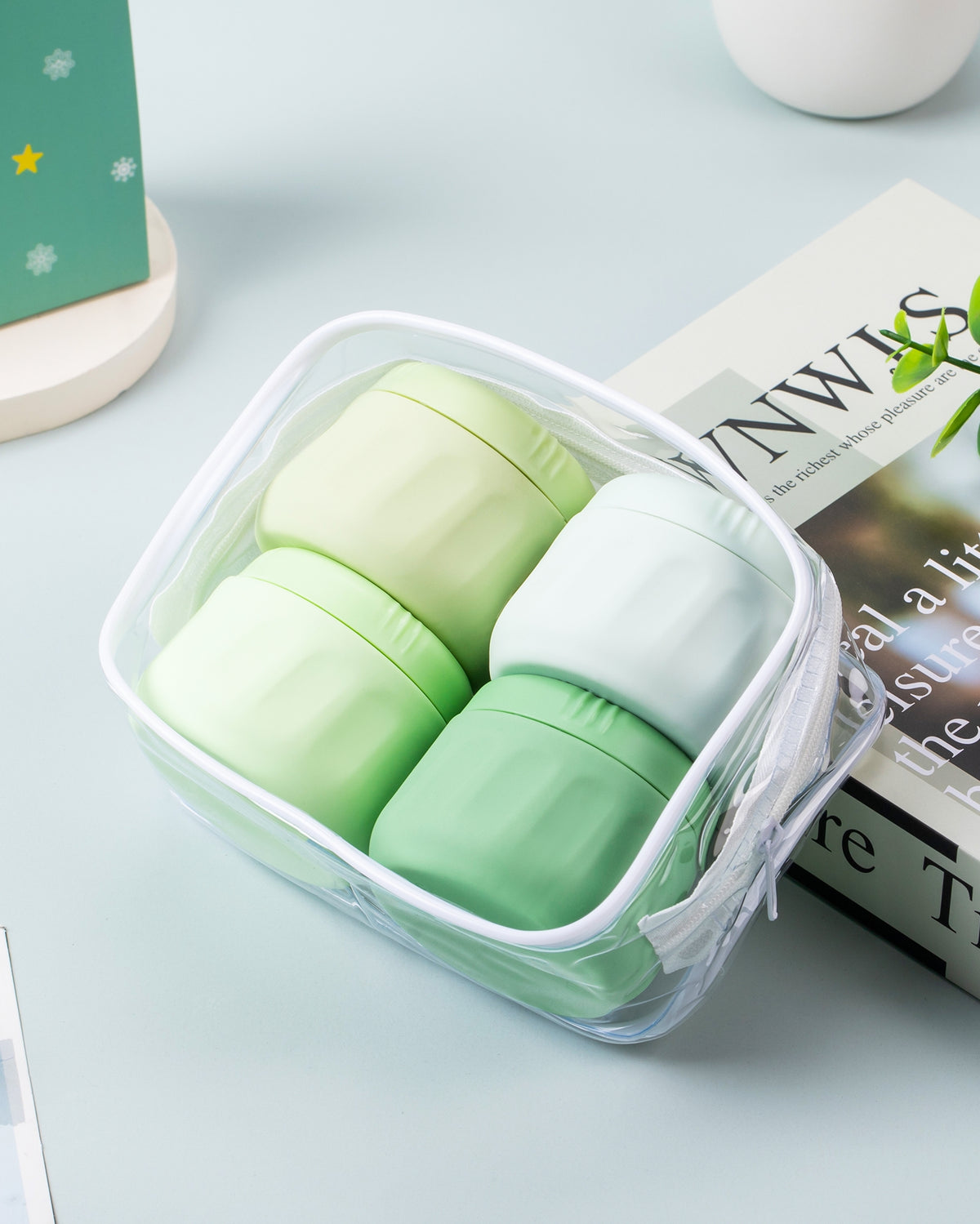Mrsdry Travel Containers for Toiletries, TSA Approved Travel Size Toiletries 4 Pack, Refillable Containers, with Clear Bag, Leak Proof Silicone Jars, Essentials Creams Jars Carrying Small Items