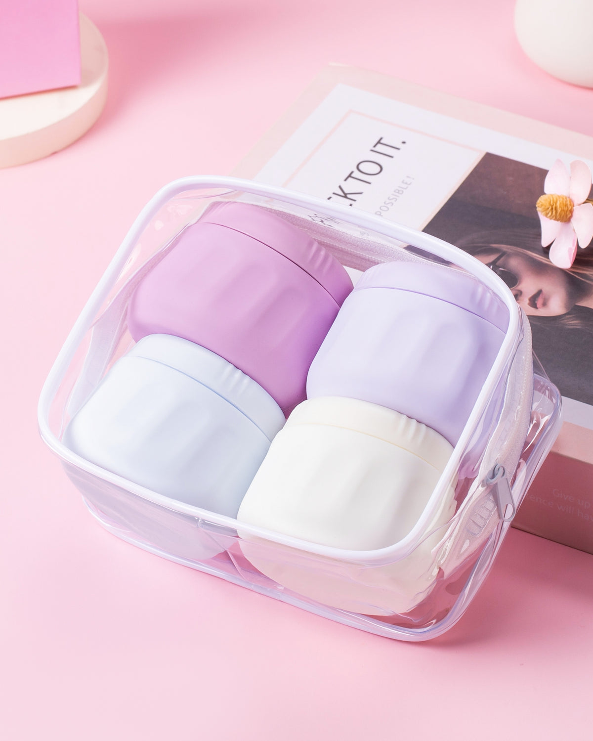 Mrsdry Travel Containers for Toiletries, TSA Approved Travel Size Toiletries 4 Pack, Refillable Containers, with Clear Bag, Leak Proof Silicone Jars, Essentials Creams Jars Carrying Small Items
