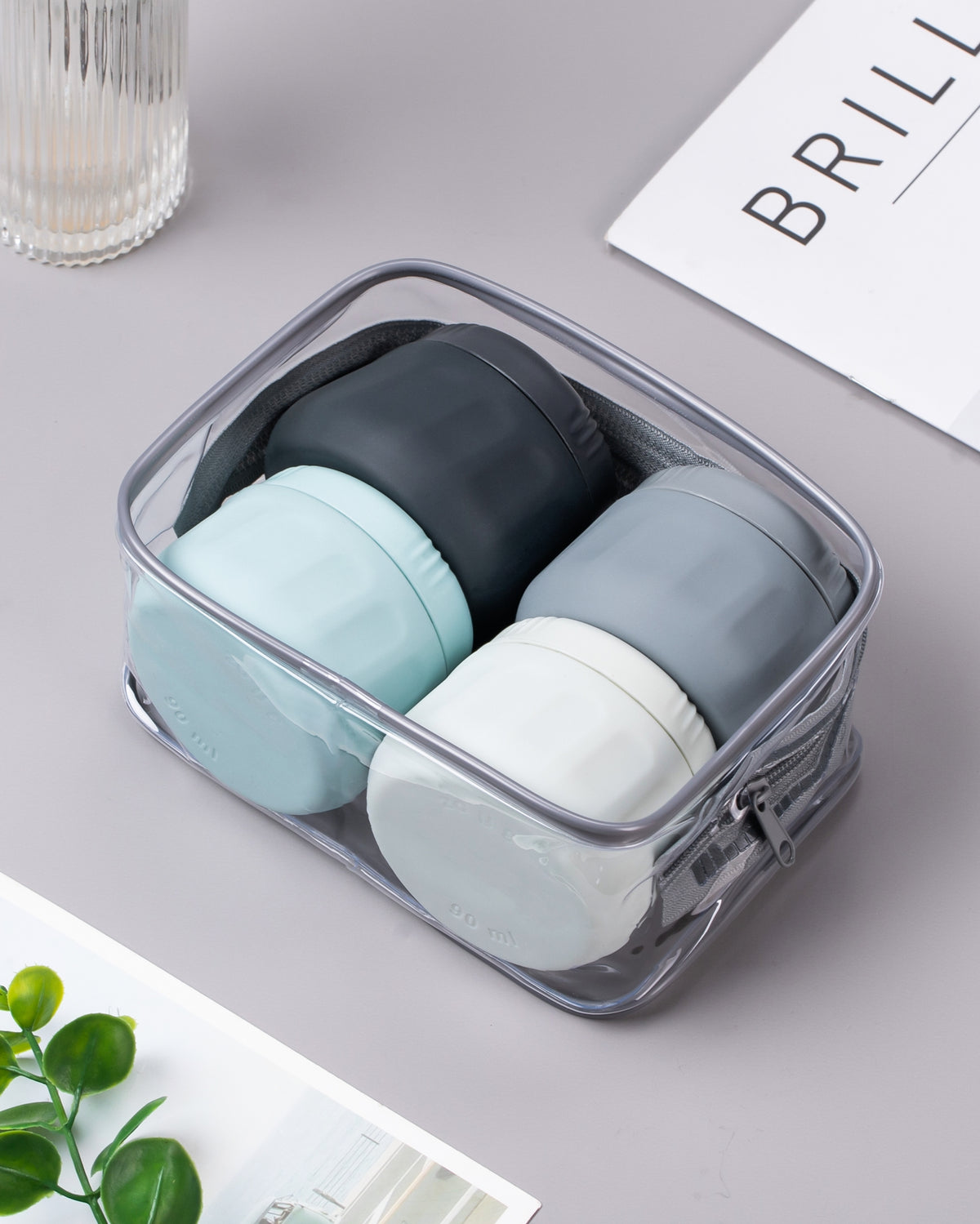 Mrsdry Travel Containers for Toiletries, TSA Approved Travel Size Toiletries 4 Pack, Refillable Containers, with Clear Bag, Leak Proof Silicone Jars, Essentials Creams Jars Carrying Small Items