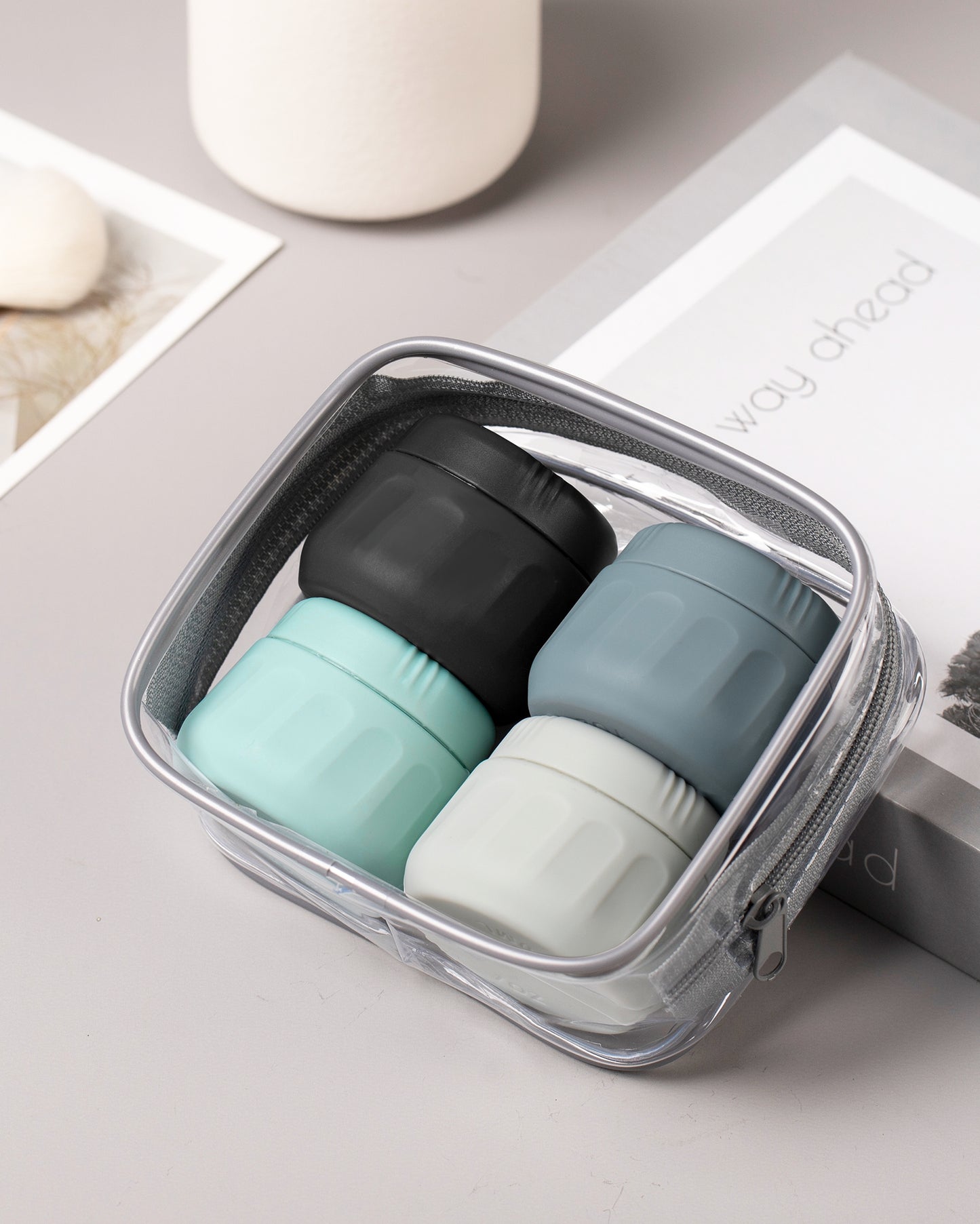 Mrsdry Travel Containers for Toiletries, TSA Approved Travel Size Toiletries 4 Pack, Refillable Containers, With Clear Bag, Leak Proof Silicone Jars, Essentials Creams Jars Carrying Small Items