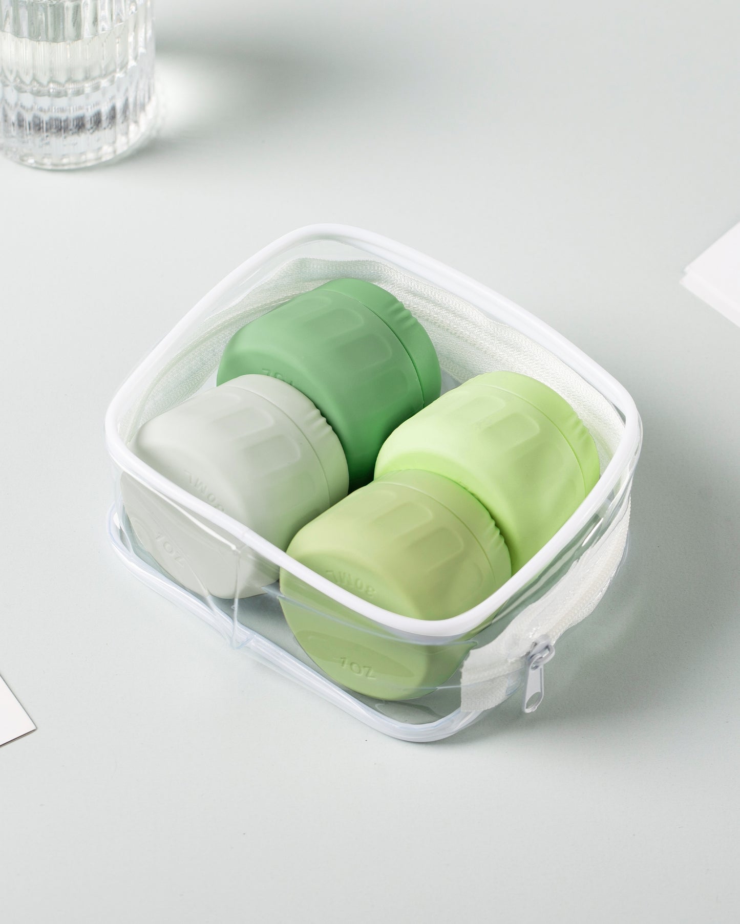 Mrsdry Travel Containers for Toiletries, TSA Approved Travel Size Toiletries 4 Pack, Refillable Containers, With Clear Bag, Leak Proof Silicone Jars, Essentials Creams Jars Carrying Small Items