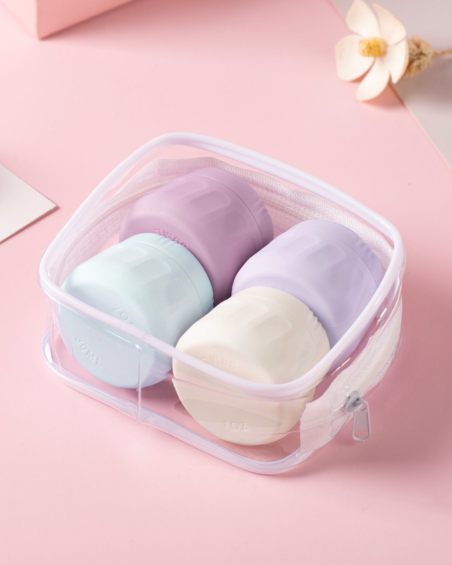 Mrsdry Travel Containers for Toiletries, TSA Approved Travel Size Toiletries 4 Pack, Refillable Containers, With Clear Bag, Leak Proof Silicone Jars, Essentials Creams Jars Carrying Small Items