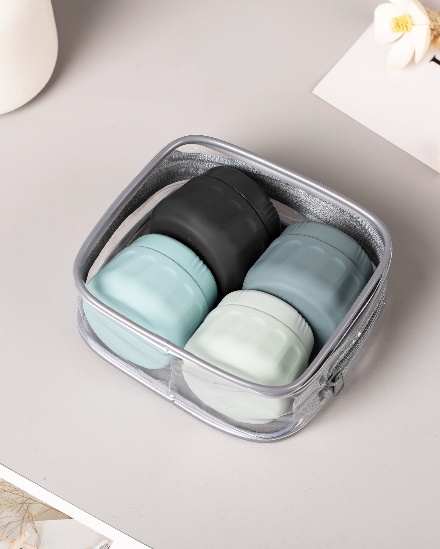 Mrsdry Travel Containers for Toiletries, TSA Approved Travel Size Toiletries 4 Pack, Refillable Containers, With Clear Bag, Leak Proof Silicone Jars, Essentials Creams Jars Carrying Small Items