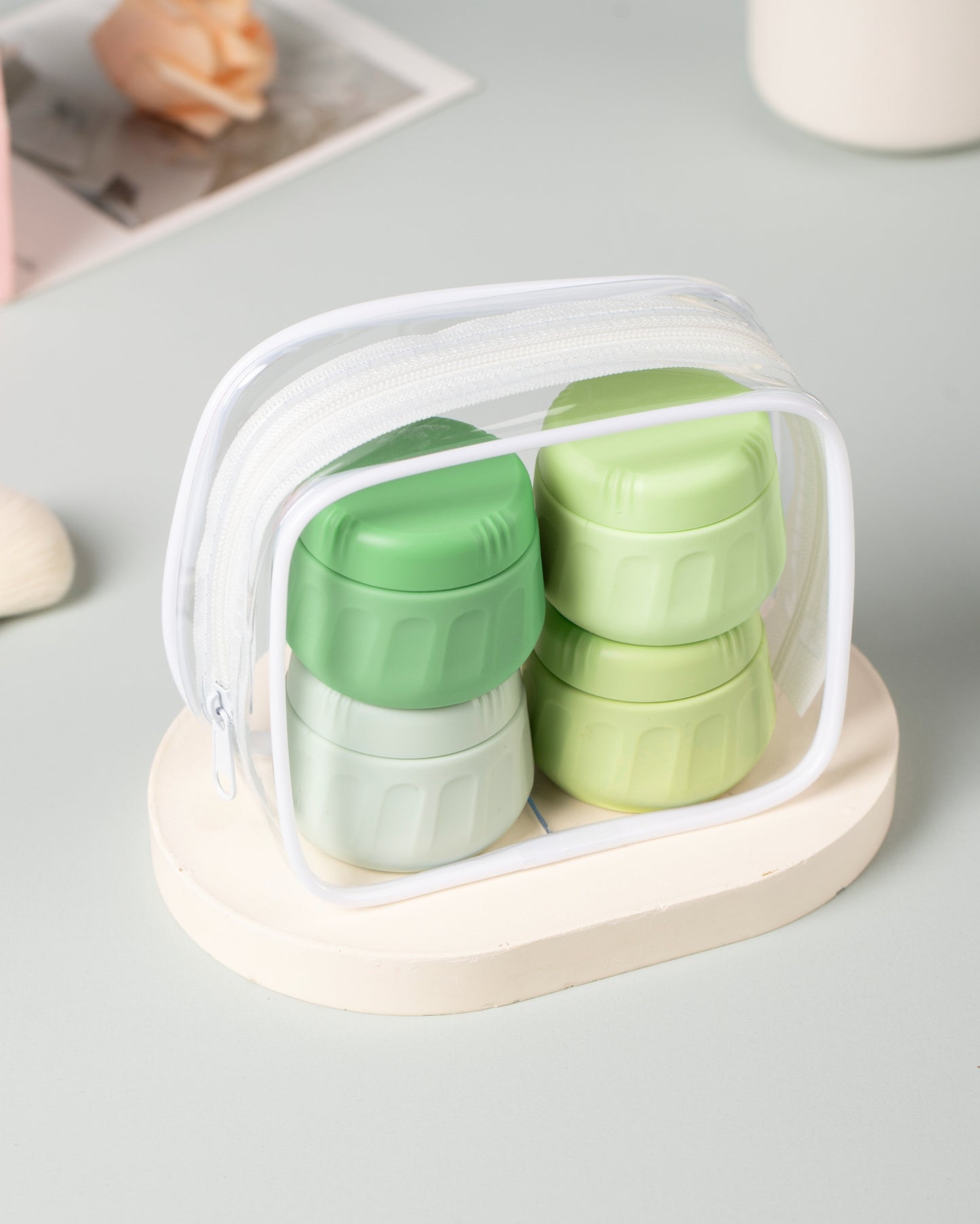 Mrsdry Travel Containers for Toiletries, TSA Approved Travel Size Toiletries 4 Pack, Refillable Containers, With Clear Bag, Leak Proof Silicone Jars, Essentials Creams Jars Carrying Small Items