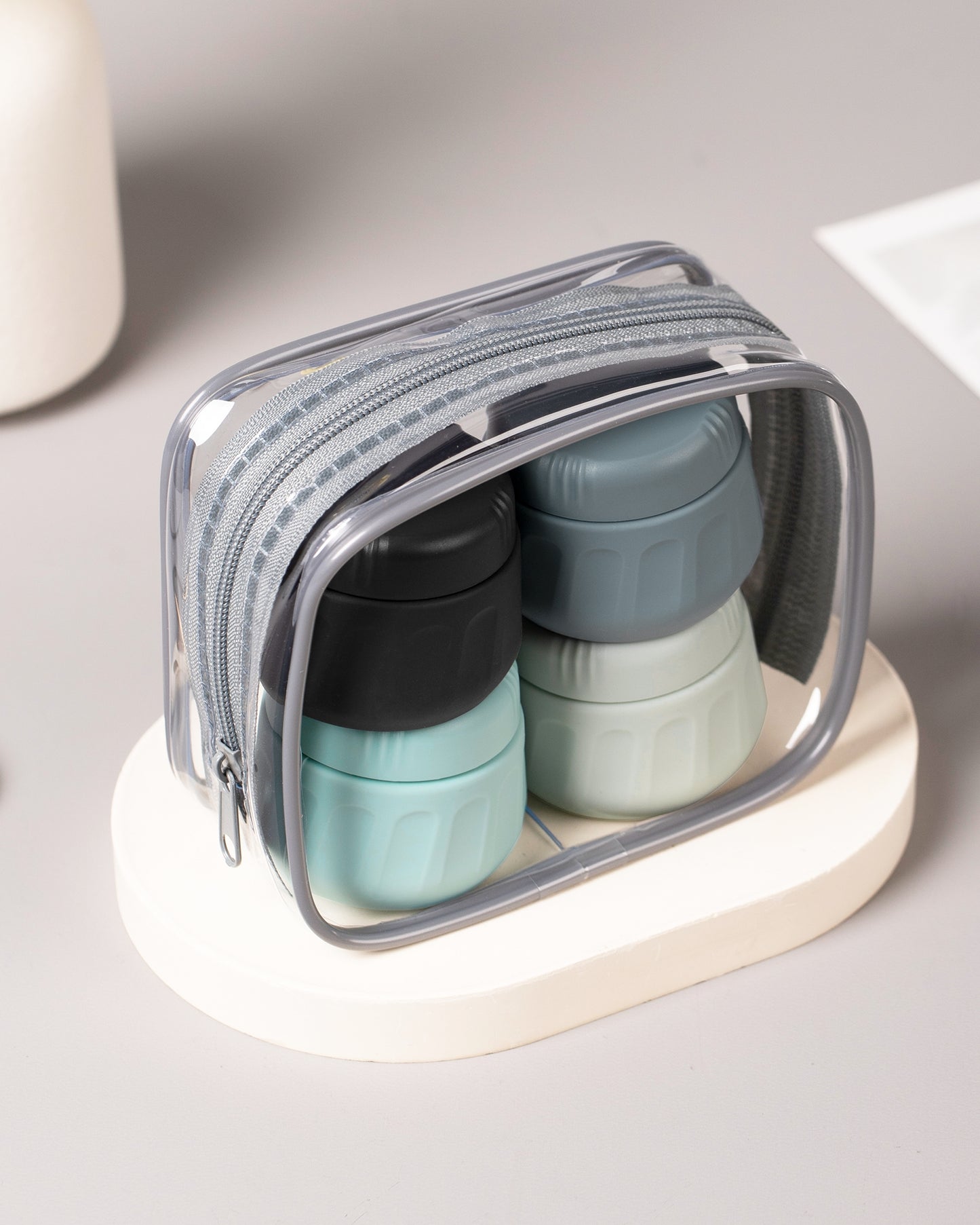 Mrsdry Travel Containers for Toiletries, TSA Approved Travel Size Toiletries 4 Pack, Refillable Containers, With Clear Bag, Leak Proof Silicone Jars, Essentials Creams Jars Carrying Small Items
