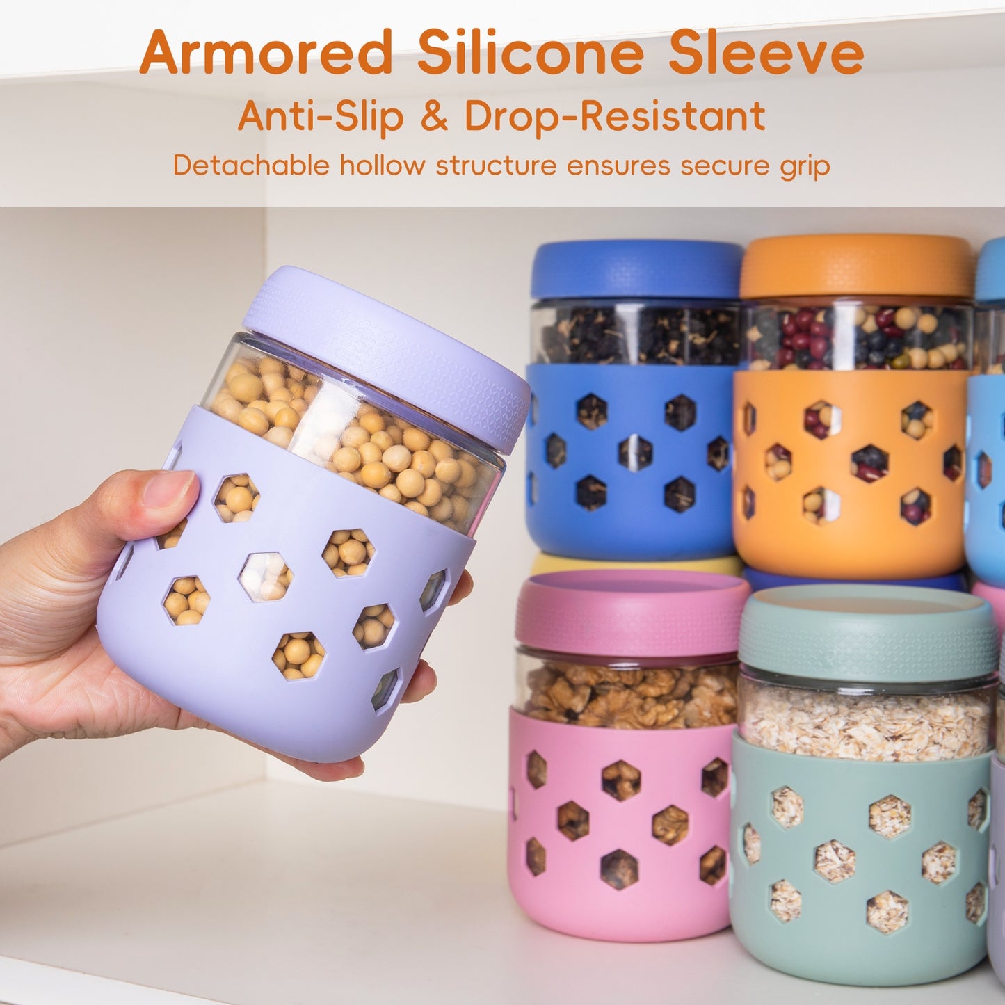 Mrsdry 6-Pack 16 oz Glass Mason Jars with Silicone Sleeves, Airtight BPA-Free Overnight Oats Containers with Lids, Dishwasher Safe Leak-Proof Meal Prep Jars for Chia Pudding, Yogurt, Snacks